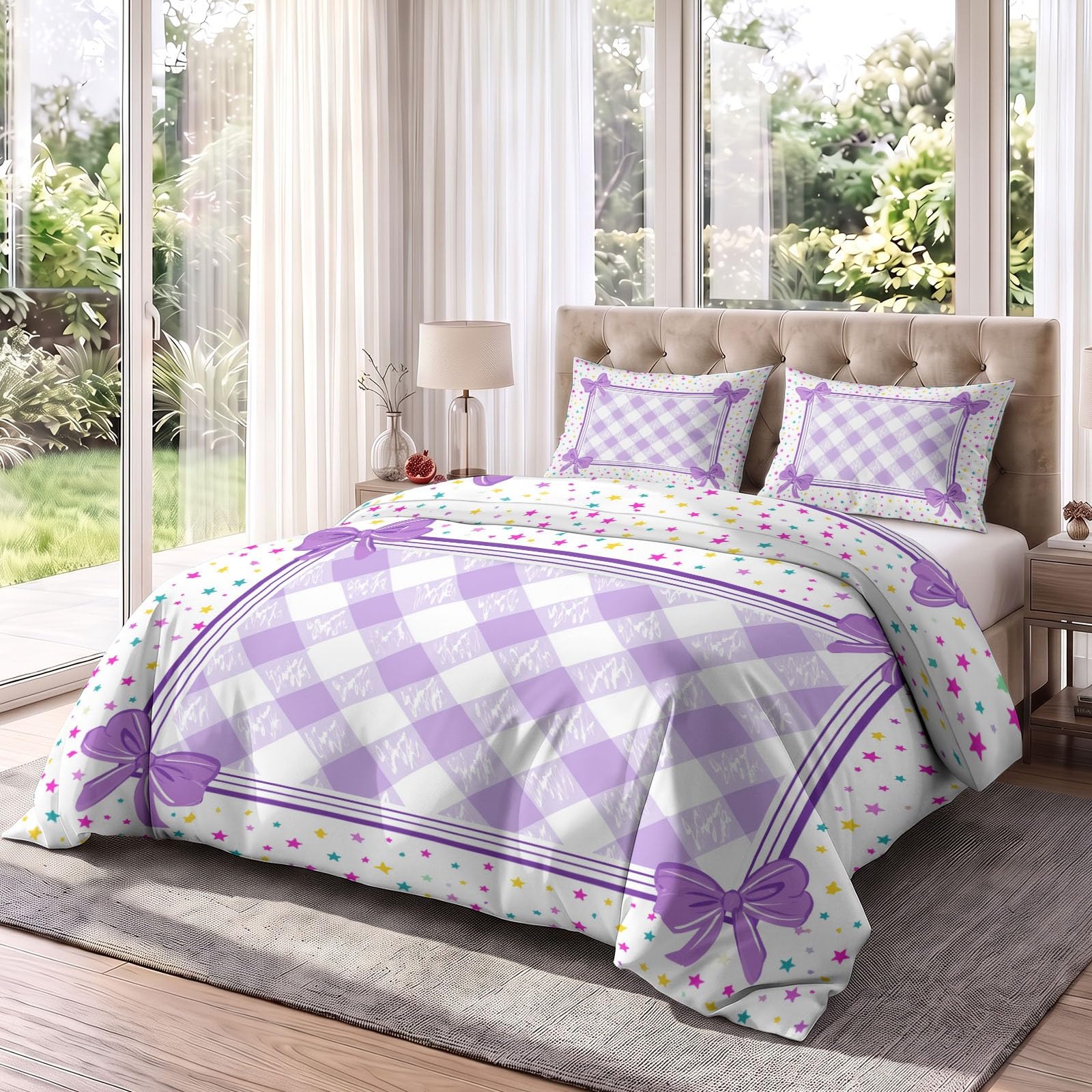 Générique Durable - Copripiumino decorativo a quadretti, 155 x 220 cm | Reversible - Set di biancheria da letto con fiocco a pois, stampa 2 persone, viola e set in microfibra, morbido e traspirante