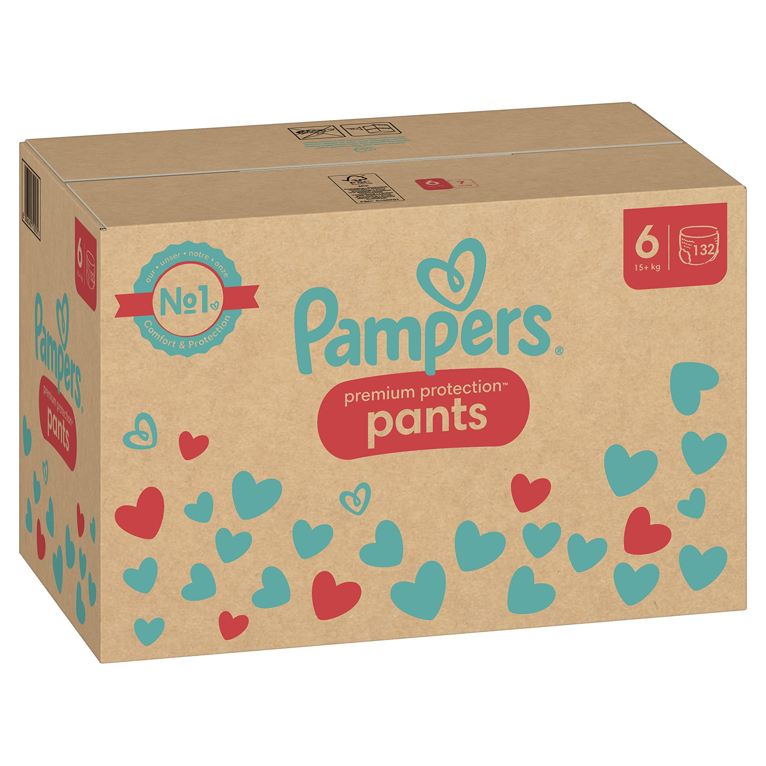 Pampers Talla 6 Pañales (15+ kg), Protección Premium, 132 pañales, caja mensual, funda de ropa 1 para mayor comodidad y protección de la piel sensible