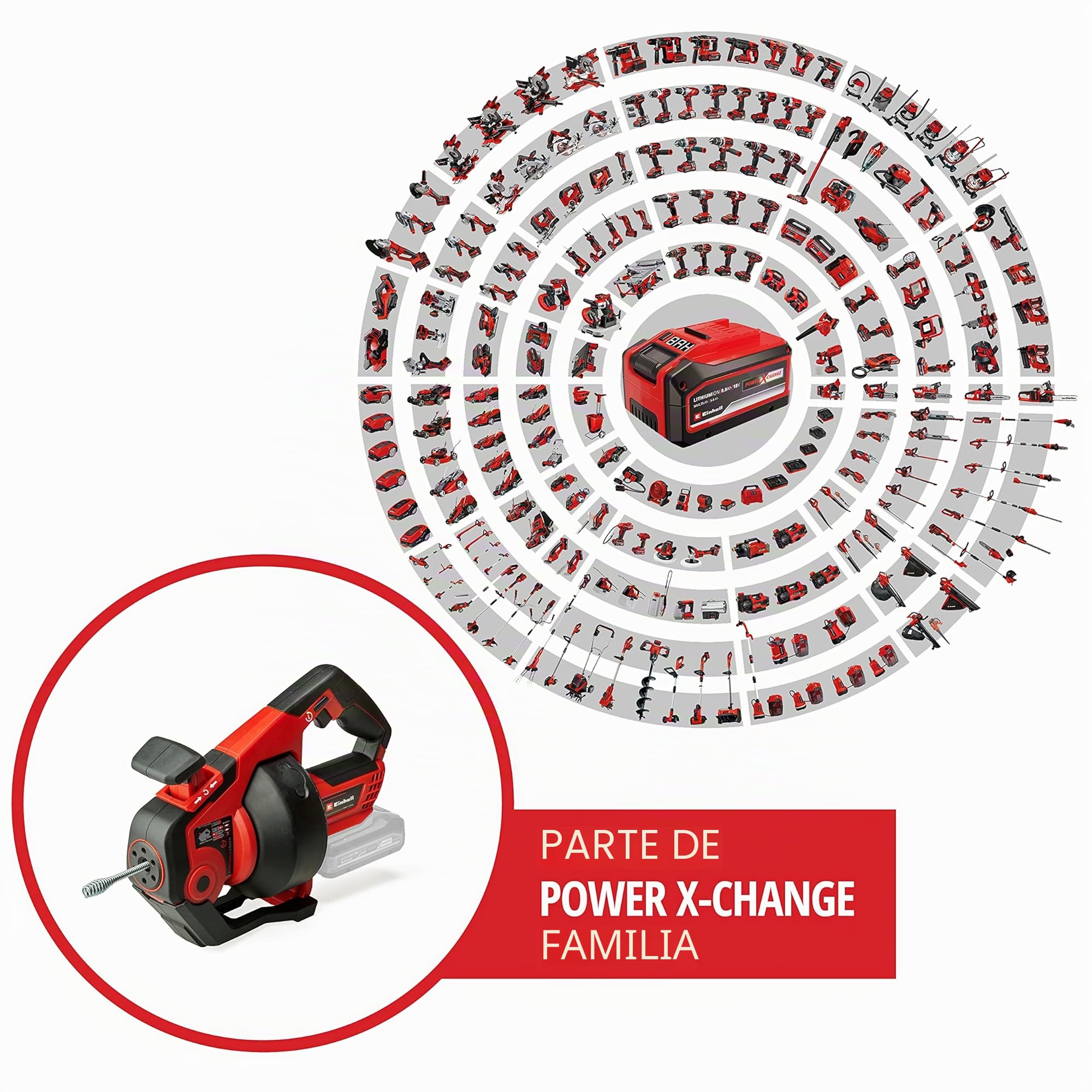 Einhell Limpiador de tubos con batería TE-DA 18/760 Li-Solo PXC (18 V, iones de Li, espiral de limpieza de 7,6 m, adecuado para diámetro de tubo de 16-55 mm, envío sin batería ni cargador)