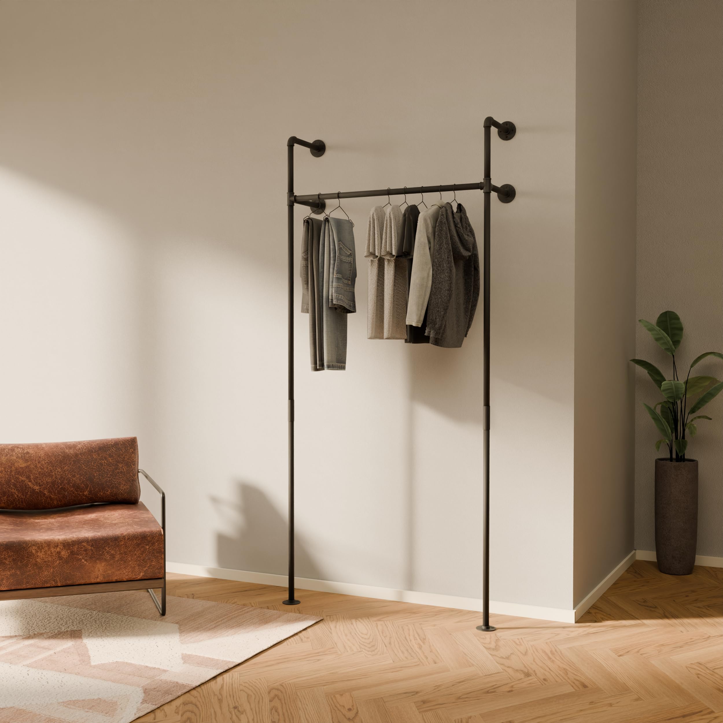 Industrial Pipe Clothing Rack - Black - 260 lbs Capacity - Wall Mounted Clothes Rack and Walk In Closet for Wardrobe - KIM 1