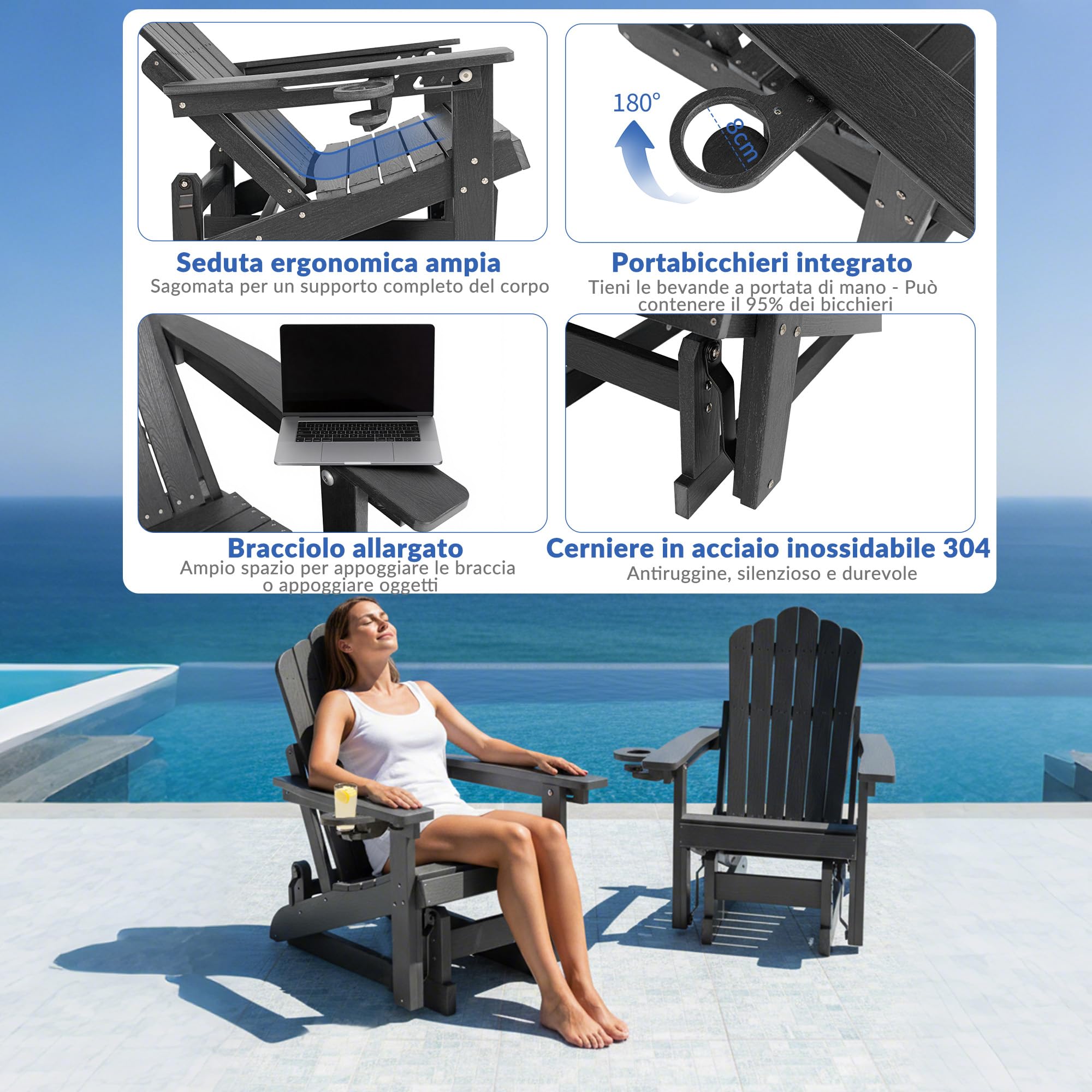 Sedia a dondolo Adirondack con schienale regolabile,sedia a dondolo per patio in simil-legno resistente alle intemperie con portabicchieri, meccanismo di oscillazione fluido,capacità di peso 200 kg