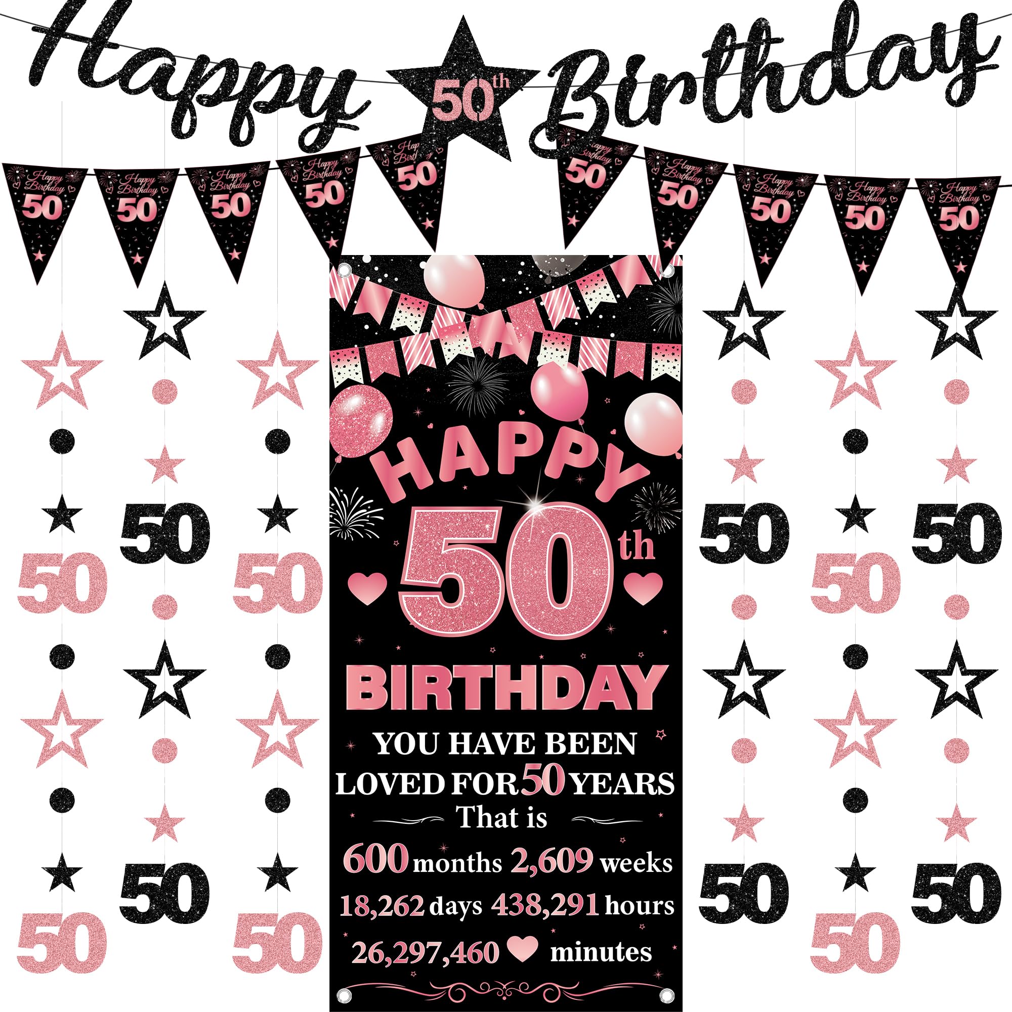 50th Birthday Decorations Banner Women - 9 Pcs Black Rose Gold Bannes Backdrop Number Star Dot Glitter Hanging Garlands Kit for Women Happy 50 Years Old Birthday Party Decor Supplies