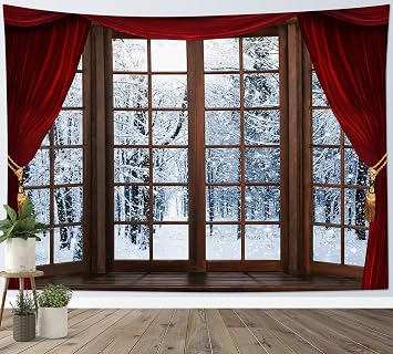 HVEST Winter Tapestry Wall Hanging Snow Scene Outside Window Tapestries Christmas Snowy Forest Wall Hanging Blanket for Bedroom Living Room Dorm Party Wall Decor, 60W X40L Inches