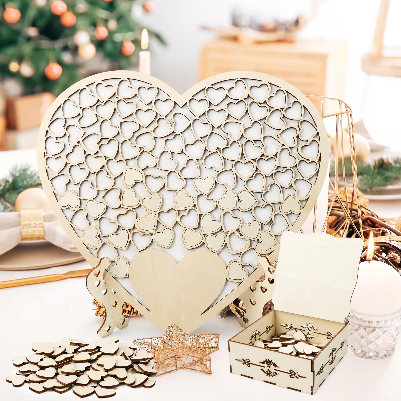 Libro degli ospiti per matrimonio, personalizzabile, in legno, a forma di cuore, alternativa con base, scatola e 100 biglietti di firma a forma di cuore in legno, decorazione per matrimonio