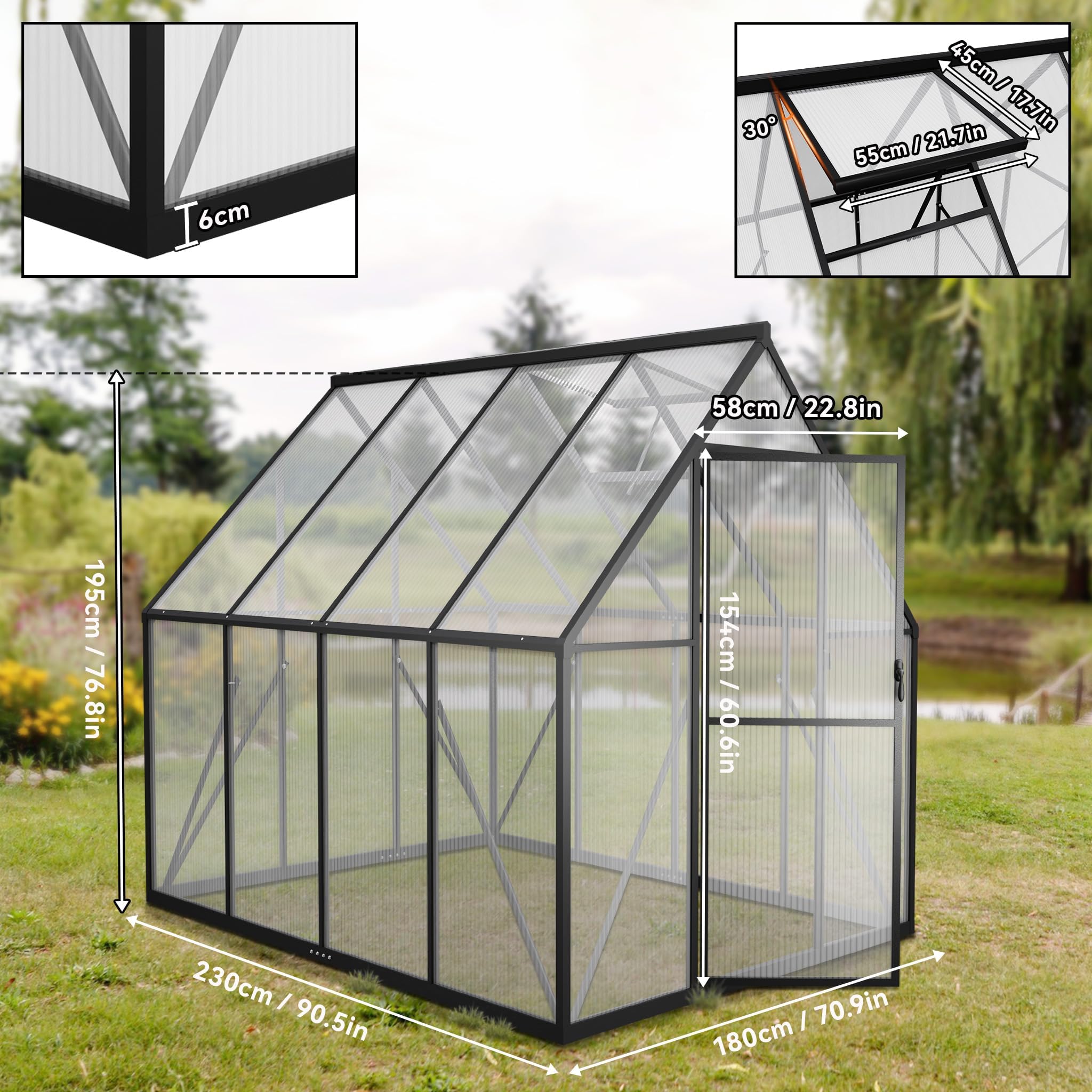 LZQ Gartengewächshaus Aluminium mit Fundament 230x180x195 cm Gewächshaus Pflanzenhaus mit Schiebetür und Dachfenster Treibhaus Gartenhaus Winterfest Aufzucht Tomatenhaus (6x8 ft)