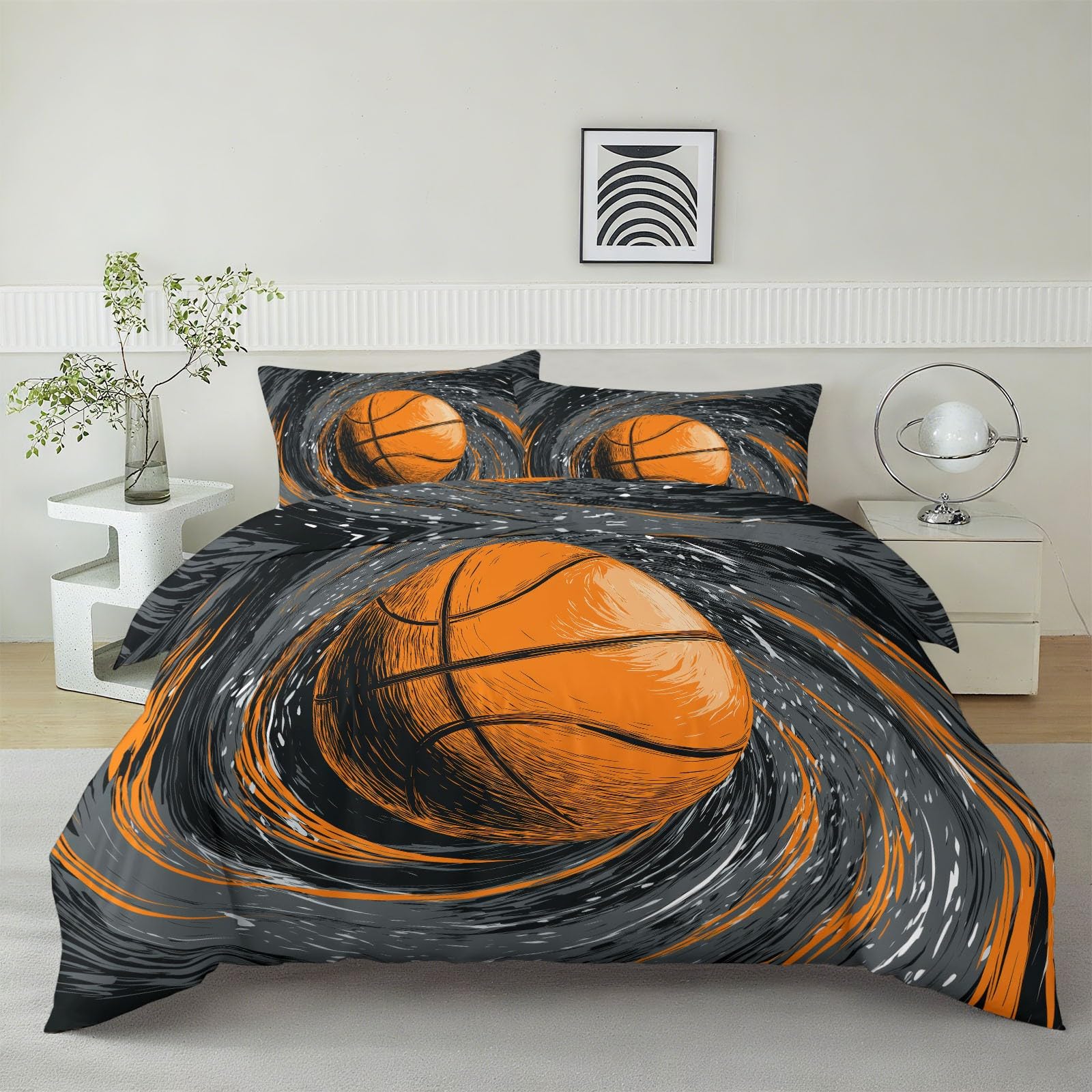Housse de couette basket 200x200cm orange avec 2 taies d'oreiller microfibre