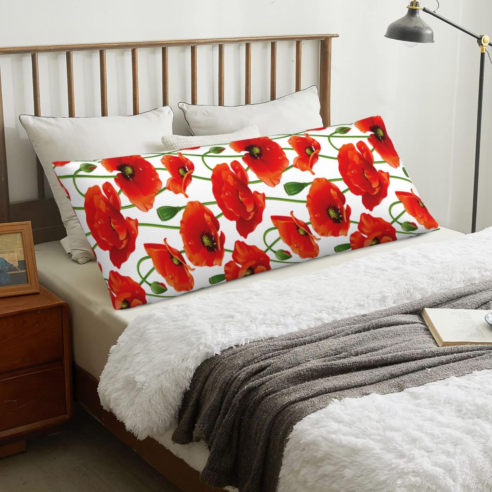Red Poppy Flowers, Body Pillow Cover with Zipper,Long Body Pillowcase 20 x 60 in