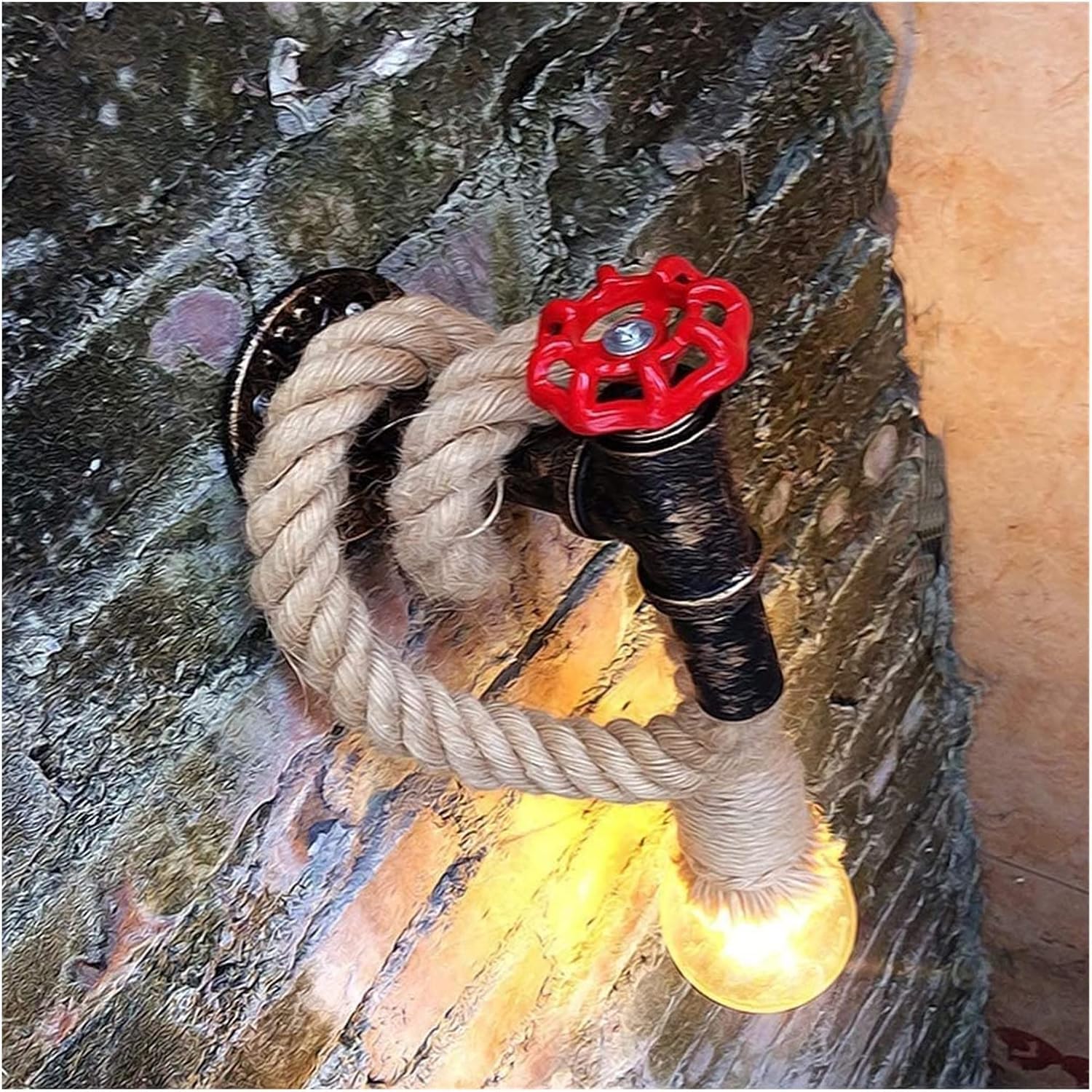 Pipa de agua Cáñamo industrial Barbería Tienda de ropa Escaleras Cuerda Metal rústico Grifo de válvula rojo Lámparas Steampunk de un solo loft