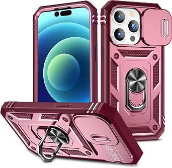 for Apple iPhone 15 Pro Max Case Military Grade Drop Shock Protection Cell Phone Cover with Slide Camera Cover Built-in 360 Rotate Ring Stand for iPhone 15 Pro Max 6.7 -PinkRed