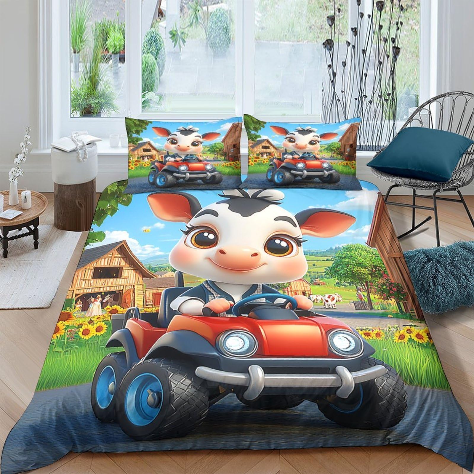 Ctjqhvkz Style-6 3D Printed Cartoon Cow Fitted Sheet Microfiber Soft Kids Farm Car Bed Cover For Bedroom Dorm Mattress Decor Single（135X200cm）