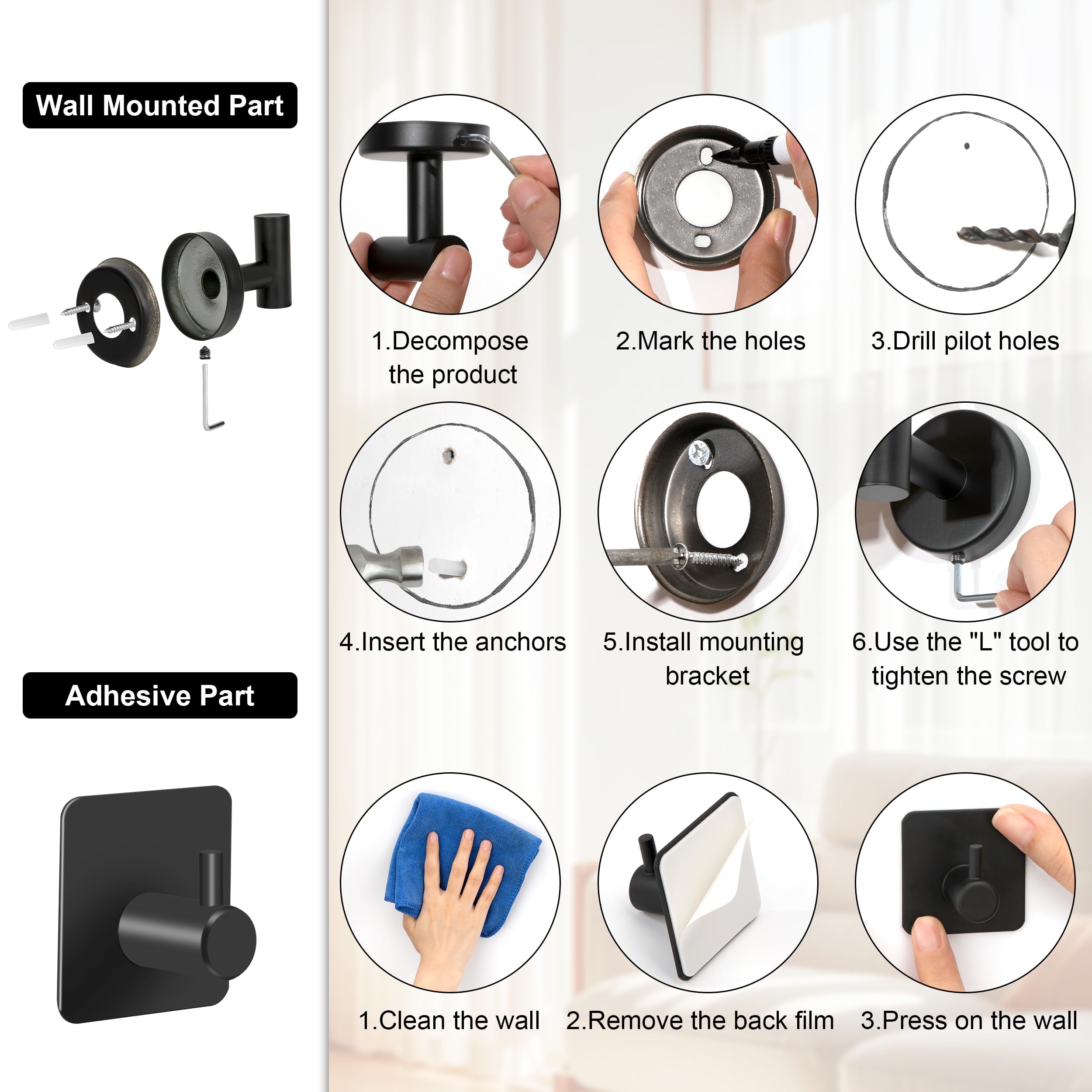 Juego de Toallero de Baño Juego de Herrajes de Baño de Acero Inoxidable Ganchos para Bata para Baño y Cocina 5 Piezas (Negro)