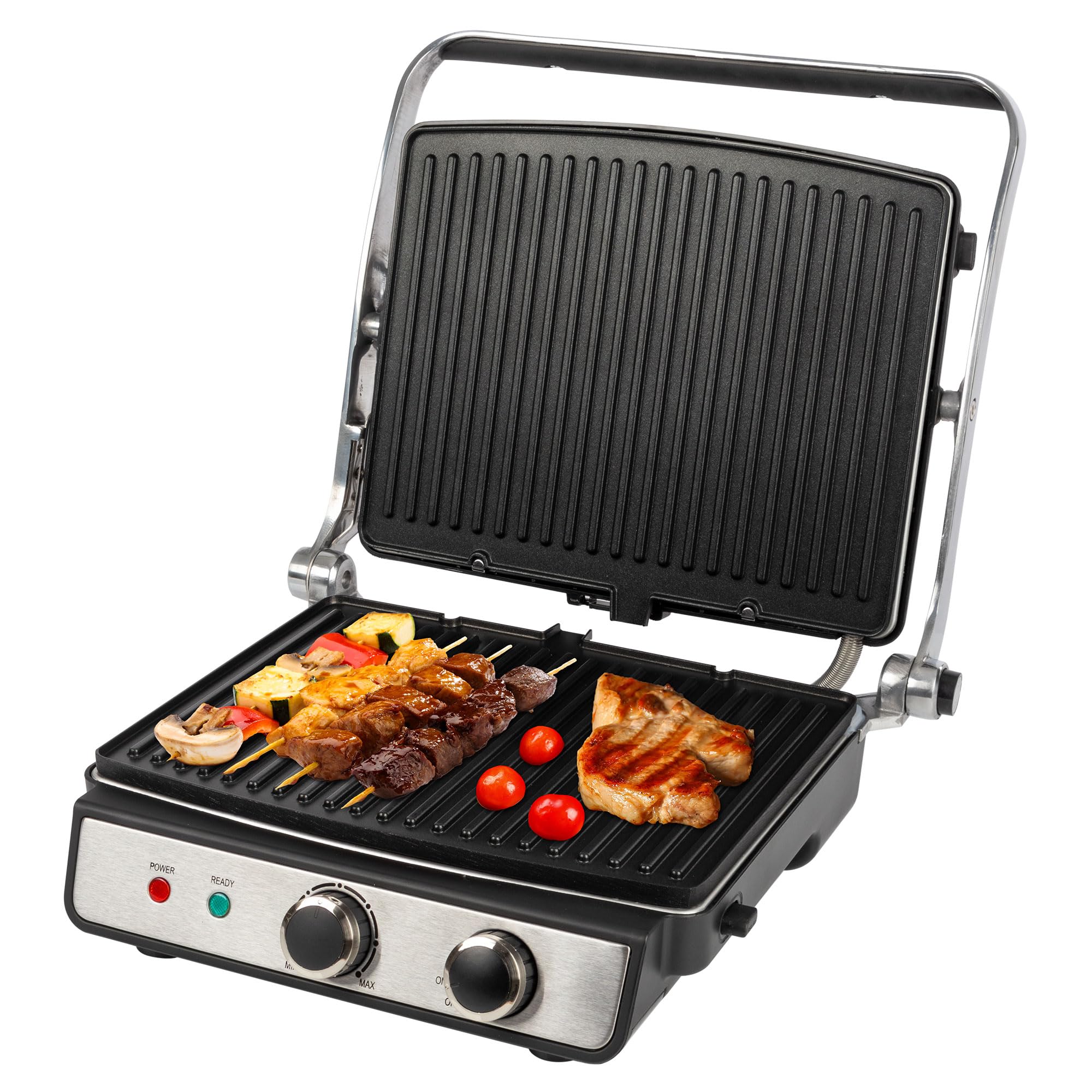 ProfiCook® Kontaktowy Grill Elektryczny do Beztłuszczowego Grillowania Panini, Steków, Tostów | Bezstopniowo Regulowany Termostat | Otwór 180° | 2000 W
