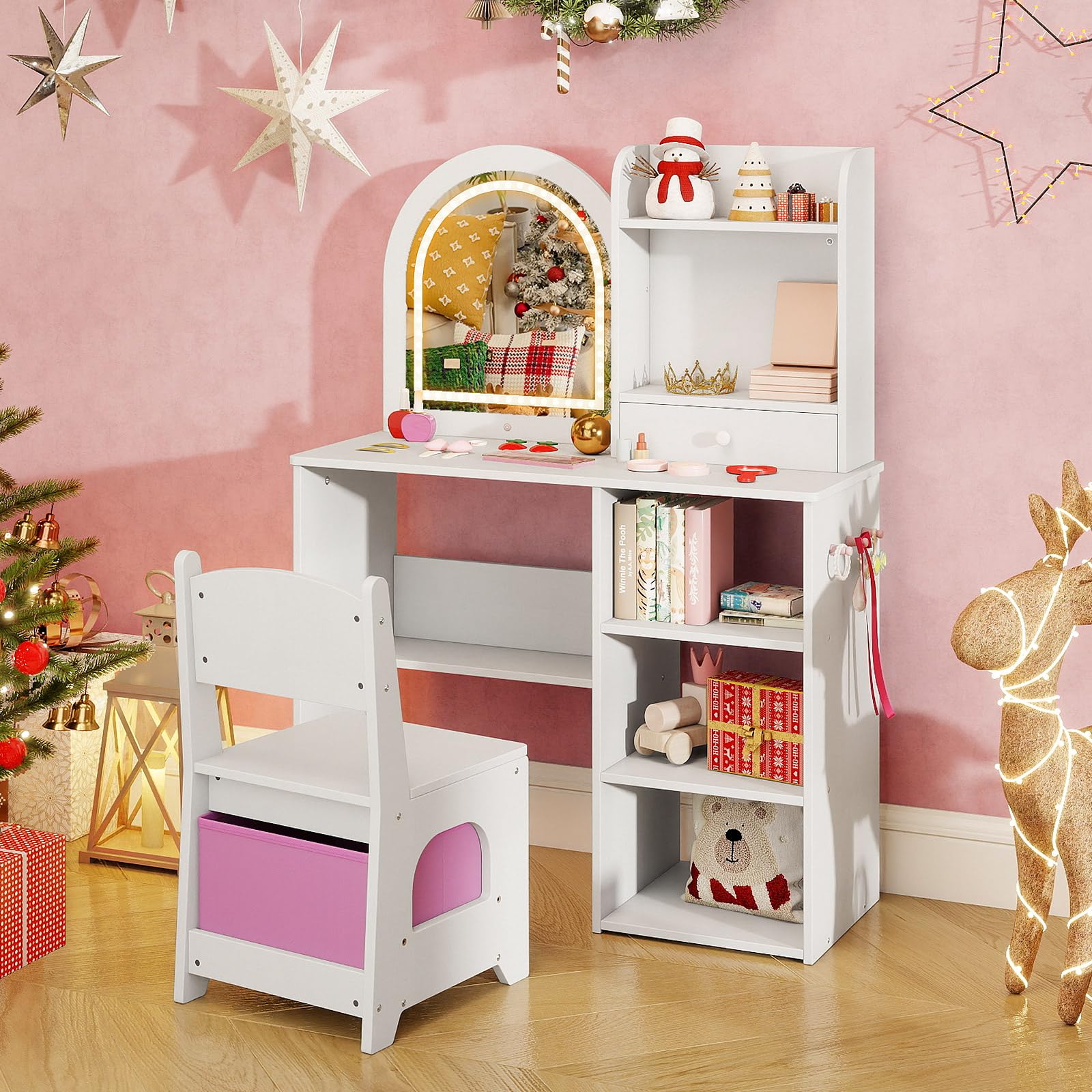 COSTWAY Toeletta Trucco per Bambina con Sgabello, Tavolo Trucco in Legno con Specchio Luci LED, Ripiani Aperti, 3 Ganci e Cassetto, Set Mobile da Principessa con 5 Giocattoli per 3+ Anni (Bianco)