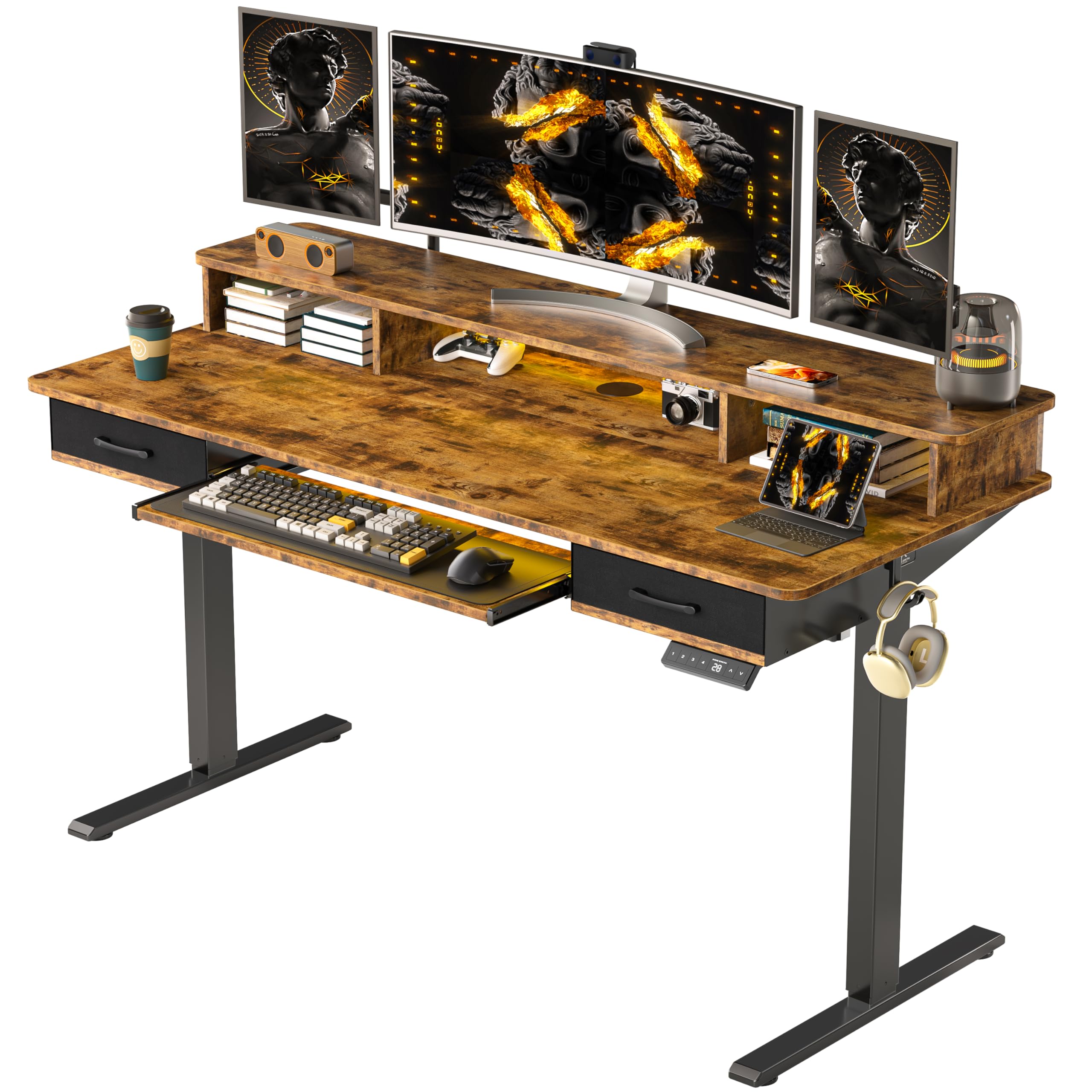 Condition photo showing New/Like New for 55x24 Inches Electric Standing Desk with Keyboard Tray, Height Adjustable Stand up Desk with 2 Drawers, Ergonomic Sit to Stand Desk with Storage Monitor Stand, Computer Table, Rustic Brown