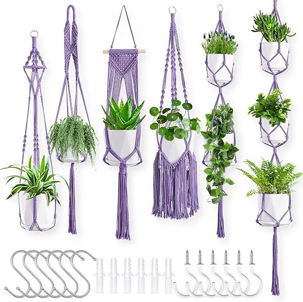Macrame Plant Hangers, 6Pack Hanging Plant Holders Indoor w/ 6 Set Hooks Handmade Cotton Rope Plant Hangers Set Flower Pots Holder Stand Boho Home Decor Hanging Planters for Indoor Outdoor Plants