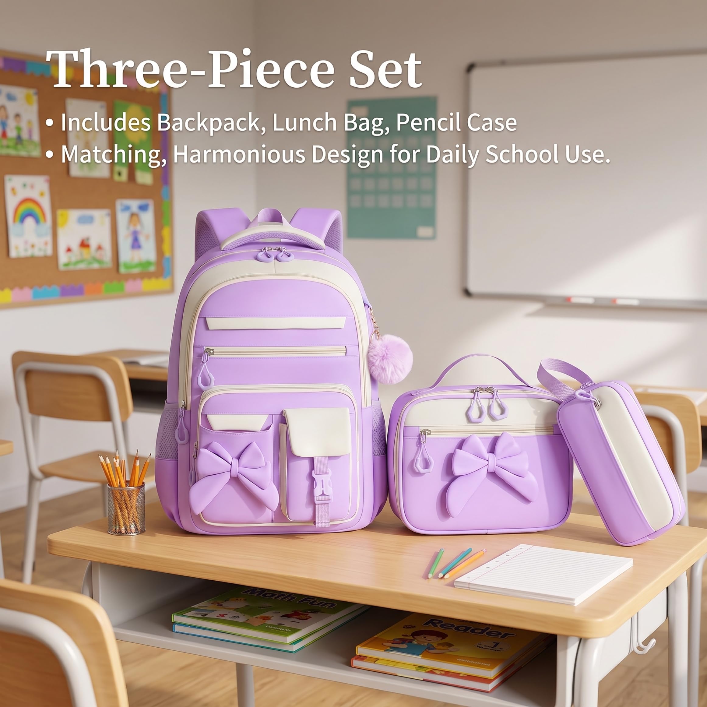 Mochila con lazo para niñas, mochila para niñas de 3 piezas para la escuela con bolsa de almuerzo, estuche para lápices, linda para niños y adolescentes, apta para jardín de infantes, prim