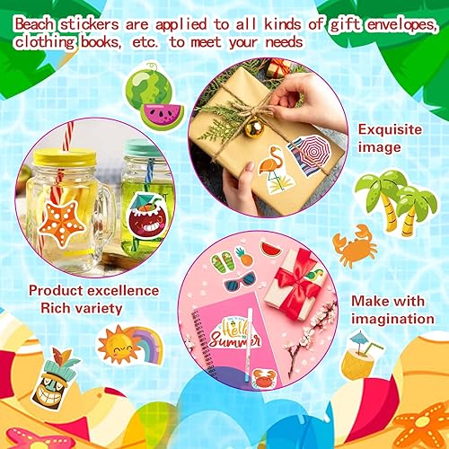 Miniatura 4 de 24 hojas de calcomanías de verano para piscina y playa, calcomanías de sol Luau Hawaii, playa, sandía, cerveza, helado, piña para Hawaii, decoración