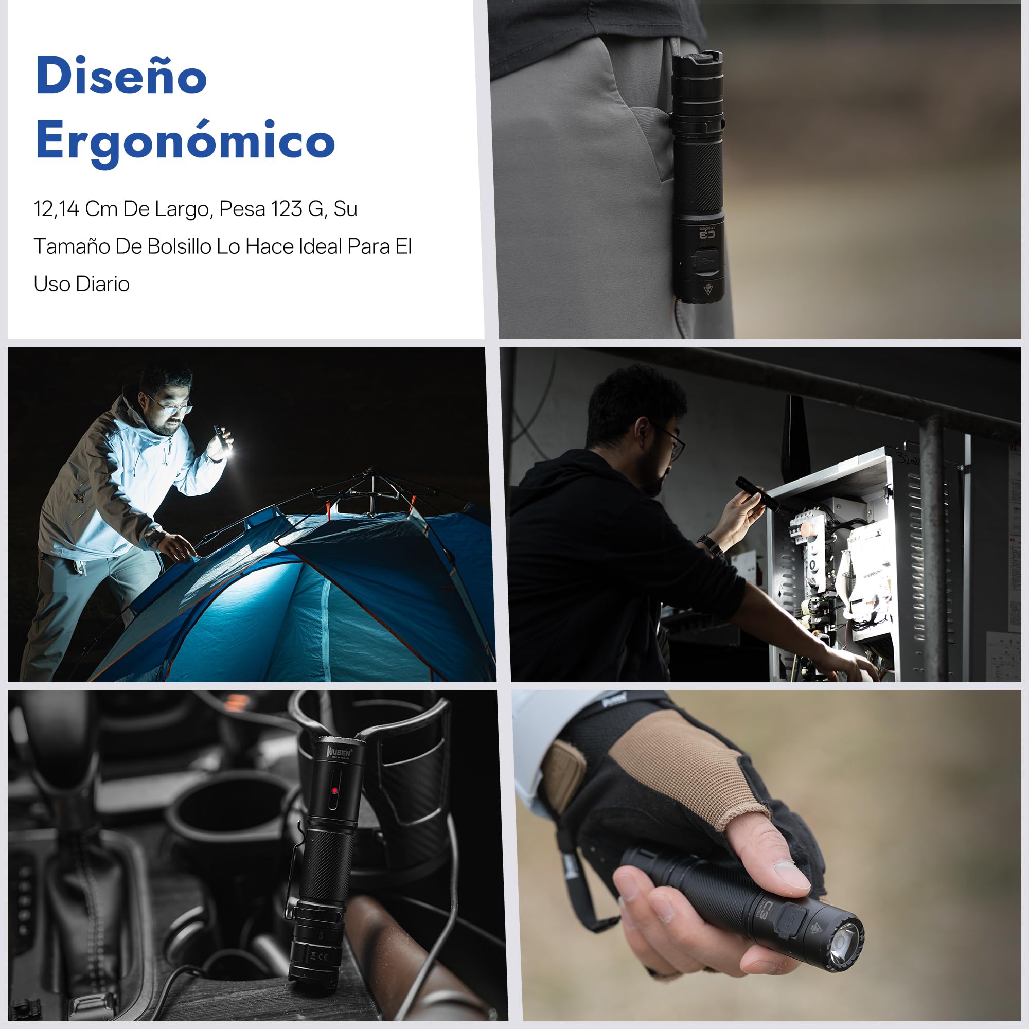 WUBEN C3 Linternas LED Alta Potencia 1200 Lúmenes, Linterna LED Recargable USB Táctica Militar Potente, Linterna Led Pequeña a Pilas, IP68 Impermeable 6 Modos Portátil Flashlight Emergencia Camping