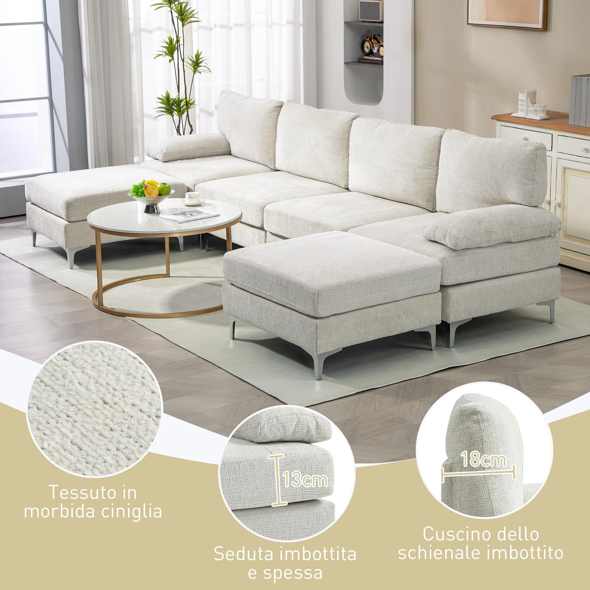 HOMCOM Divano Componibile 4 Posti con Penisola in Ciniglia Crema | 2 Poggiapiedi, Cuscini per Braccioli e Schiena, 313x149x88cm