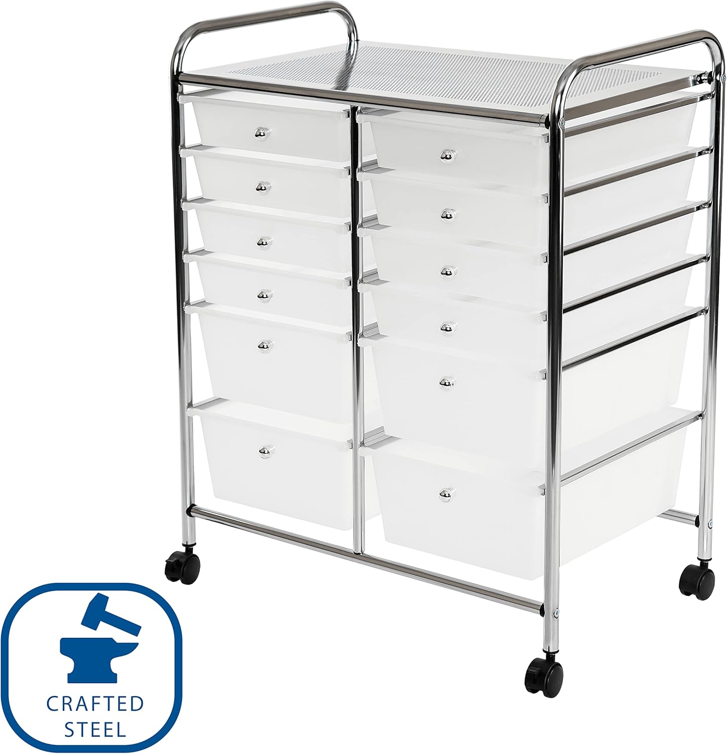 Seville Classics Rolling Utility Organizer Storage Cart, for Home Office, School, Classroom, Scrapbook, Hobby, Craft, 12 Drawer, Frost White