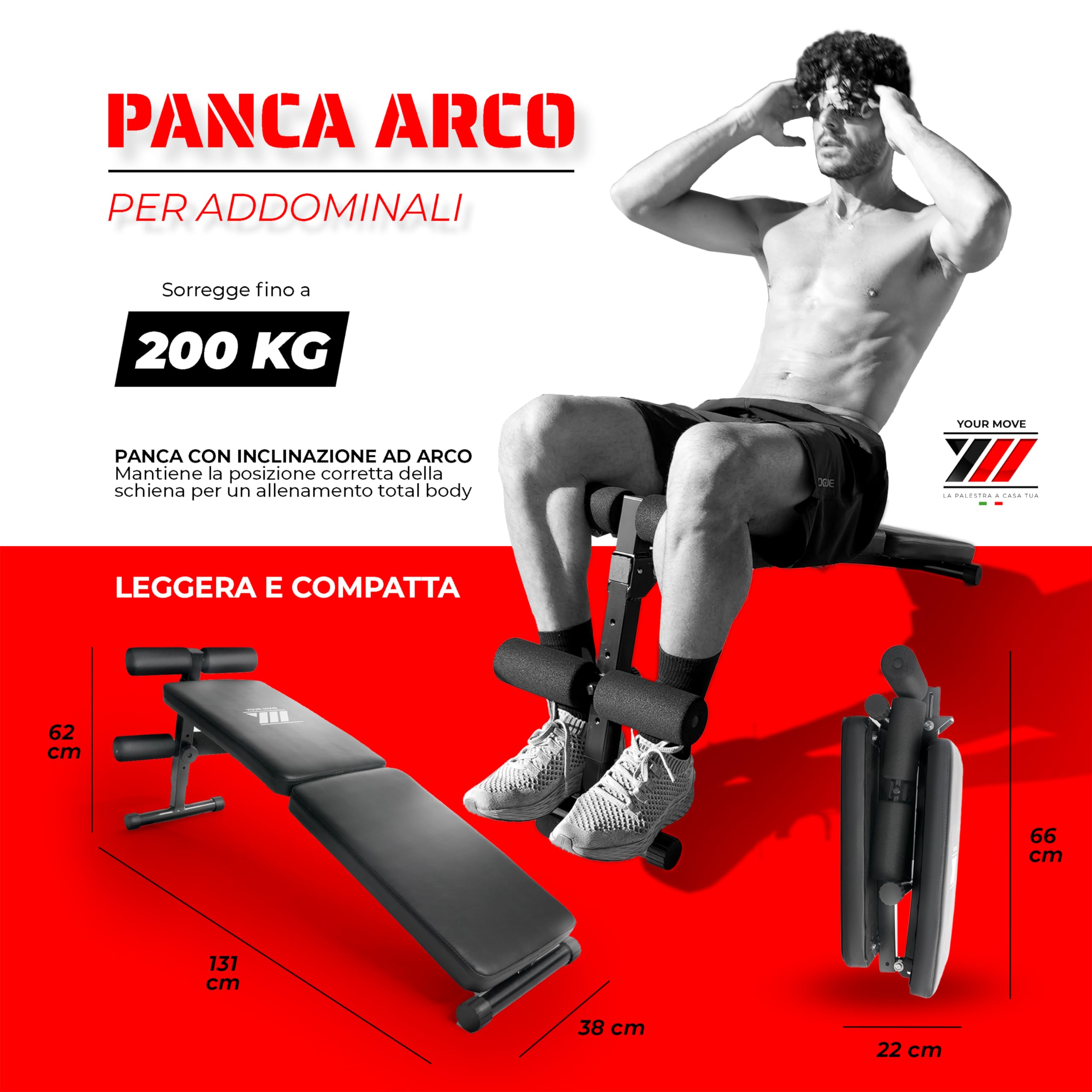YM Panca Per Addominali Inclinabile Pieghevole, Regolabile, Panca Per Allenamento Fitness Palestra in Casa, Total Body, 200 kg, Con Inclinazione ad Arco