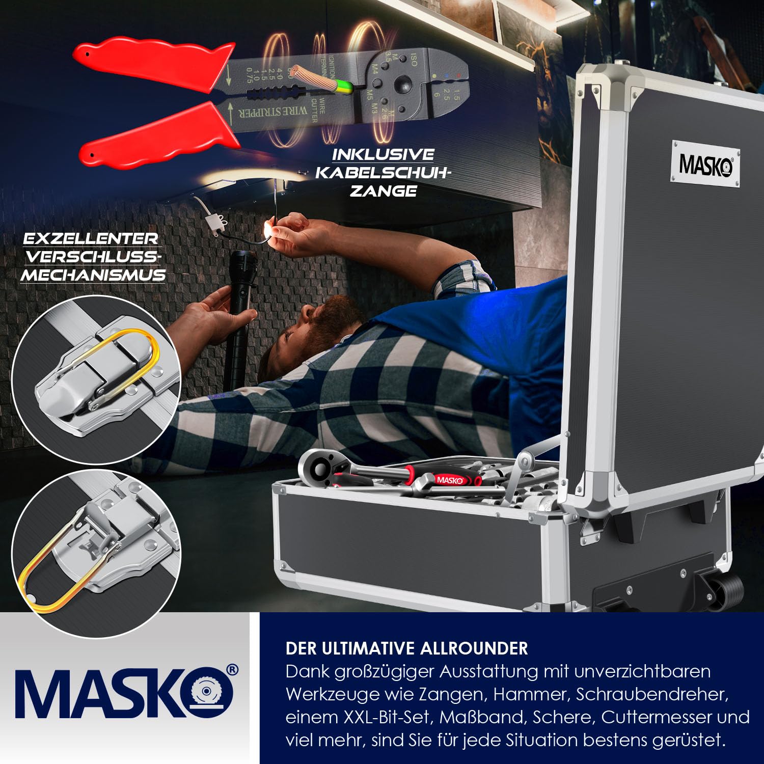 MASKO® Cassetta degli attrezzi portatile con utensili | 969 Pezzi Set di Attrezzi in Valigetta di Alluminio con Ruote per Fai da te | Cassetta porta attrezzi a mano | Strumenti professionali Nero