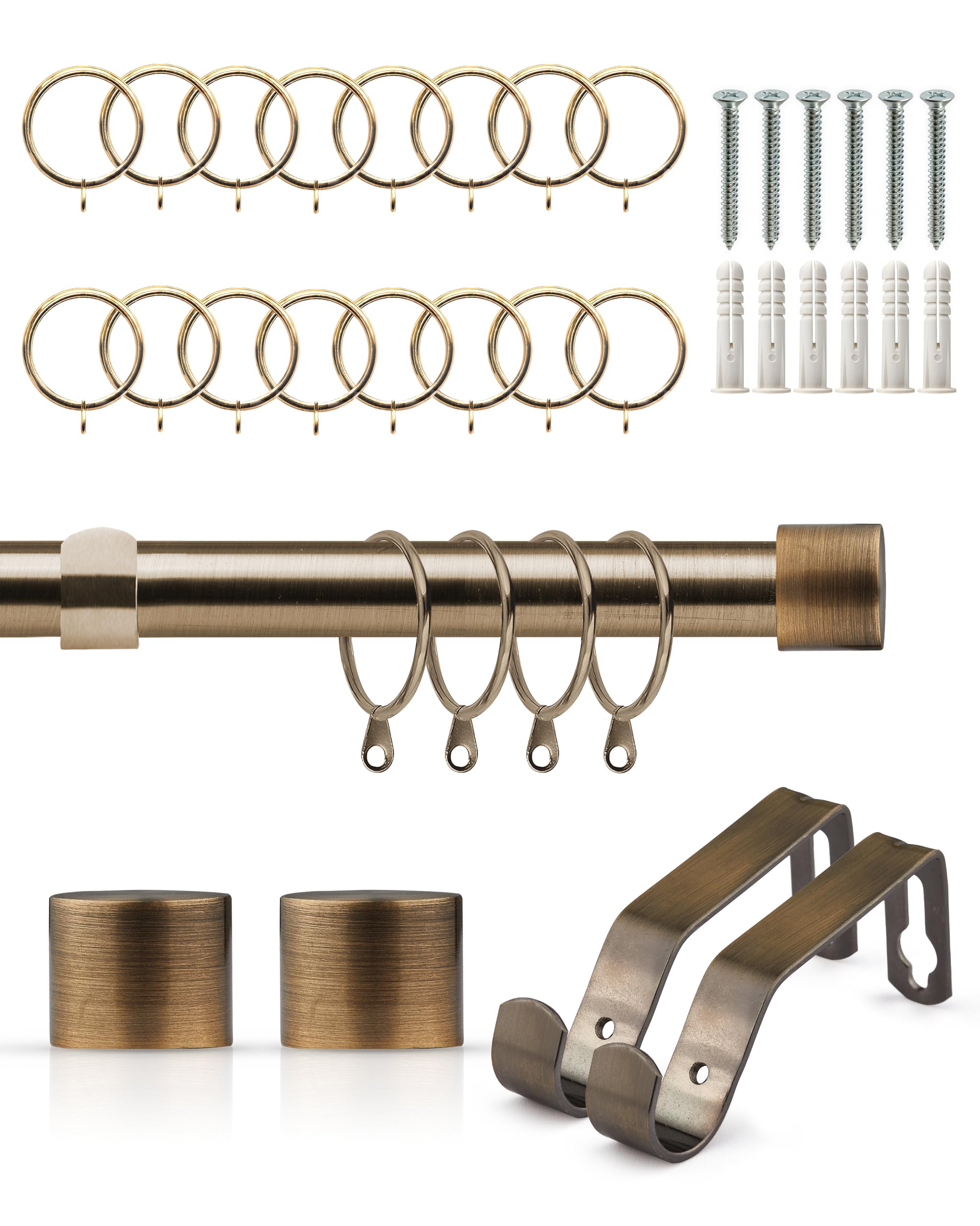 Emma Barclay Extendable Curtain Pole With Finials Rings Brackets & Fittings Sets 16-19mm in Antique Brass Metal Curtain Poles For Eyelet Curtains Rod -Full Stop Collection 1.2m - 2.1m Antique Brass