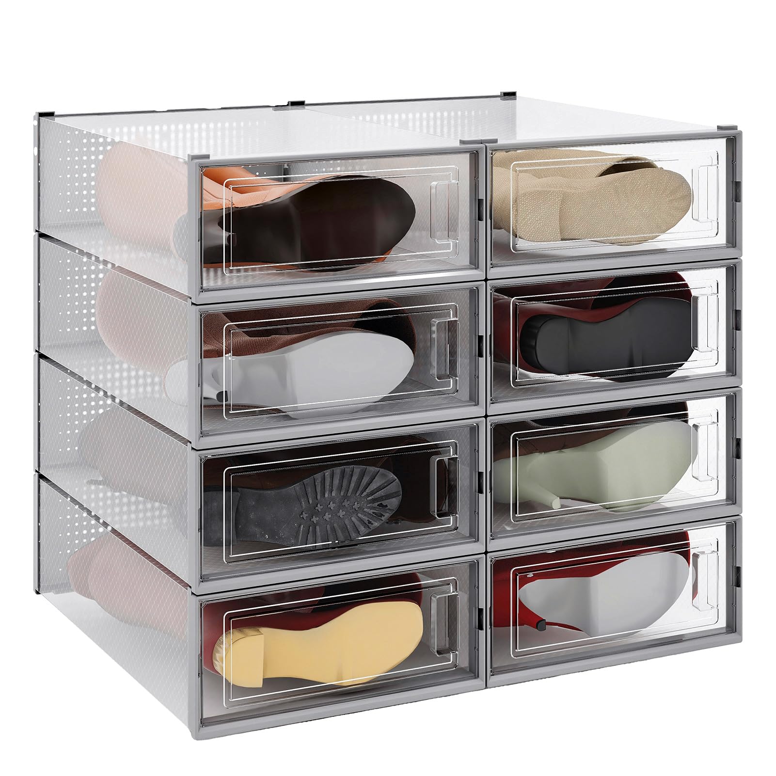 PARANTA 8-Piece Boot Shoe Storage Box, Stackable Clear Plastic Shoe Organizer with Clear Door for Storing Shoes, Grey 20.5" x 12.5" x 5.5"