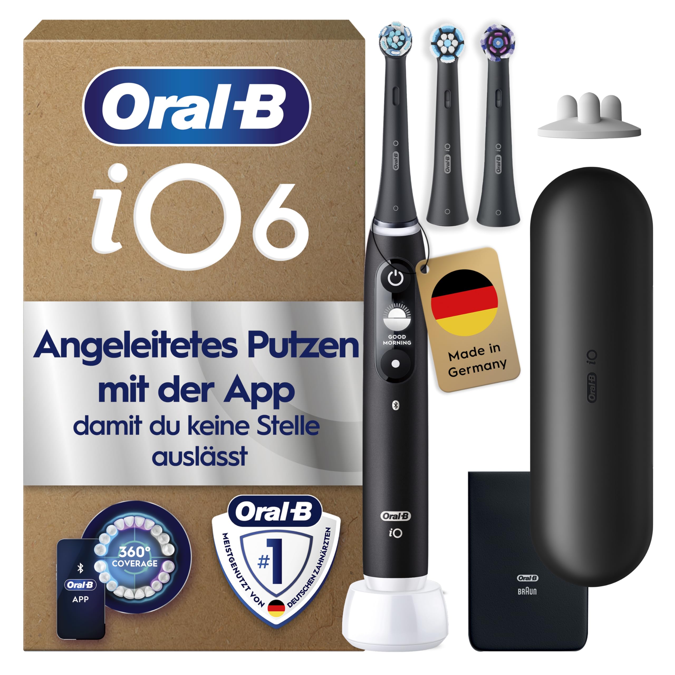 Oral-B iO Series 6 Plus Edition Elektrische Zahnbürste mit 3 Aufsteckbürsten, Schwarz - Electric Toothbrush, Inkl. Reise-Etui Und 5 Putzmodi für Zahnpflege, Designed by Braun