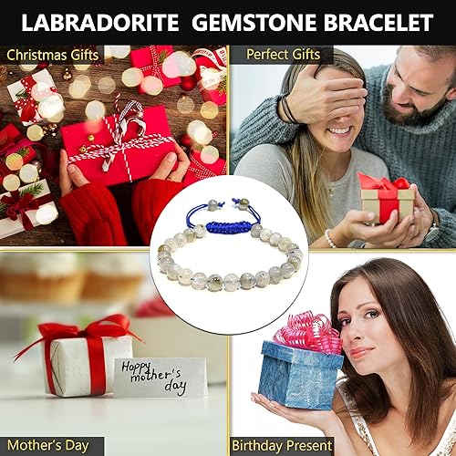 Vista 103 de Adjustable Crystal Bracelet – Gemstone Bead Bracelet with Adjustable Macrame String – Chic Gemstone Bracelet for Men and Women – 8mm Round Healing