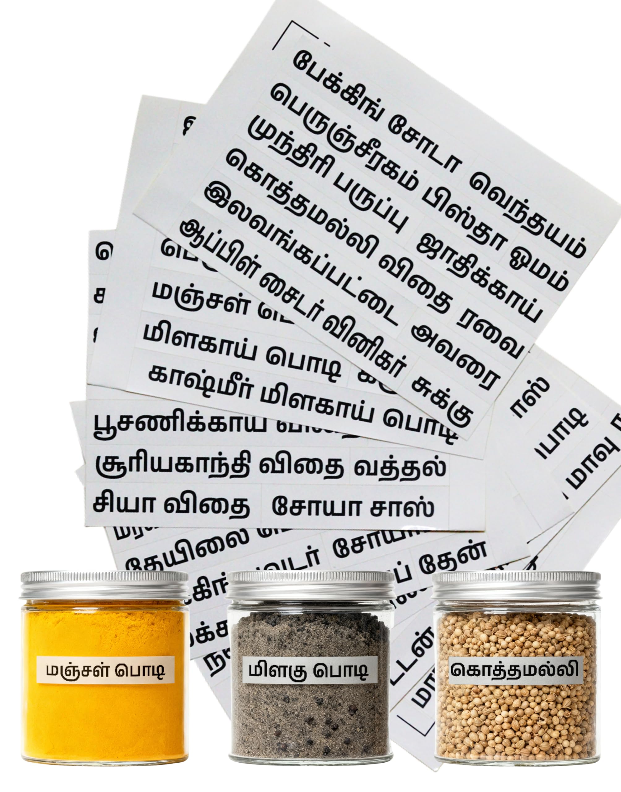 106 Pcs Tamil Kitchen Sticker Labels for Jars & Containers | Waterproof, Tear-Resistant Pantry Organization Stickers | Self-Adhesive Spice Jar PVC Labels for Adupparai | Pre-Printed Food Storage