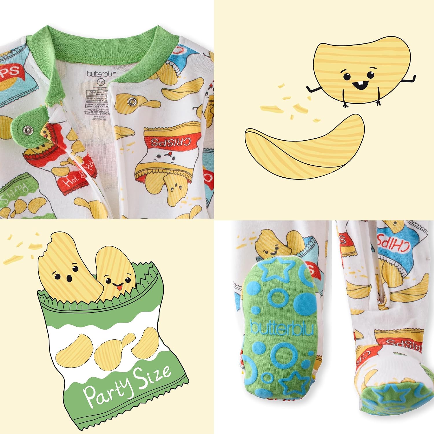 Butterblu Cruz Snug-fit Footed Pajamas 100% Organic Cotton Zip Front Sleeper PJs w/Grippers for Baby Boys & Girls