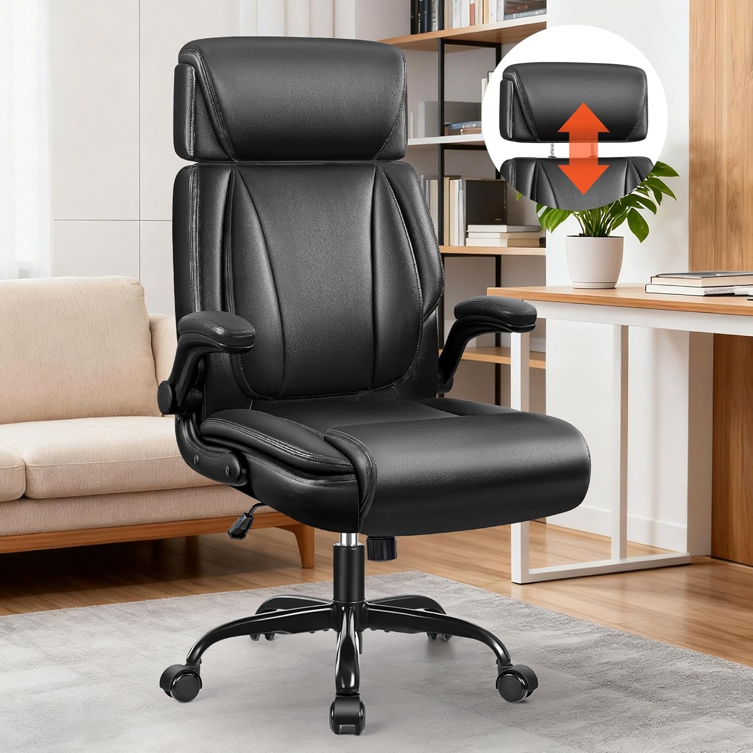 Office Chair, Ergonomic Desk Chair, Executive Leather Office Chairs with Lumbar Support, Adjustable Headrest & Armrests, Big and Tall Computer Chair, PC Chair with Rocking Function Black