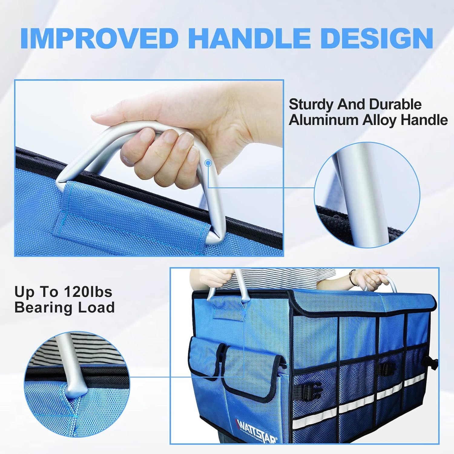 Wattstar Trunk Organizer With Insulated Grocery Bag, Blue Car Organizer, Collapsible Trunk Organizer For SUV, Sedan And Truck, Car Storage Organizer With Aluminum Alloy Handle
