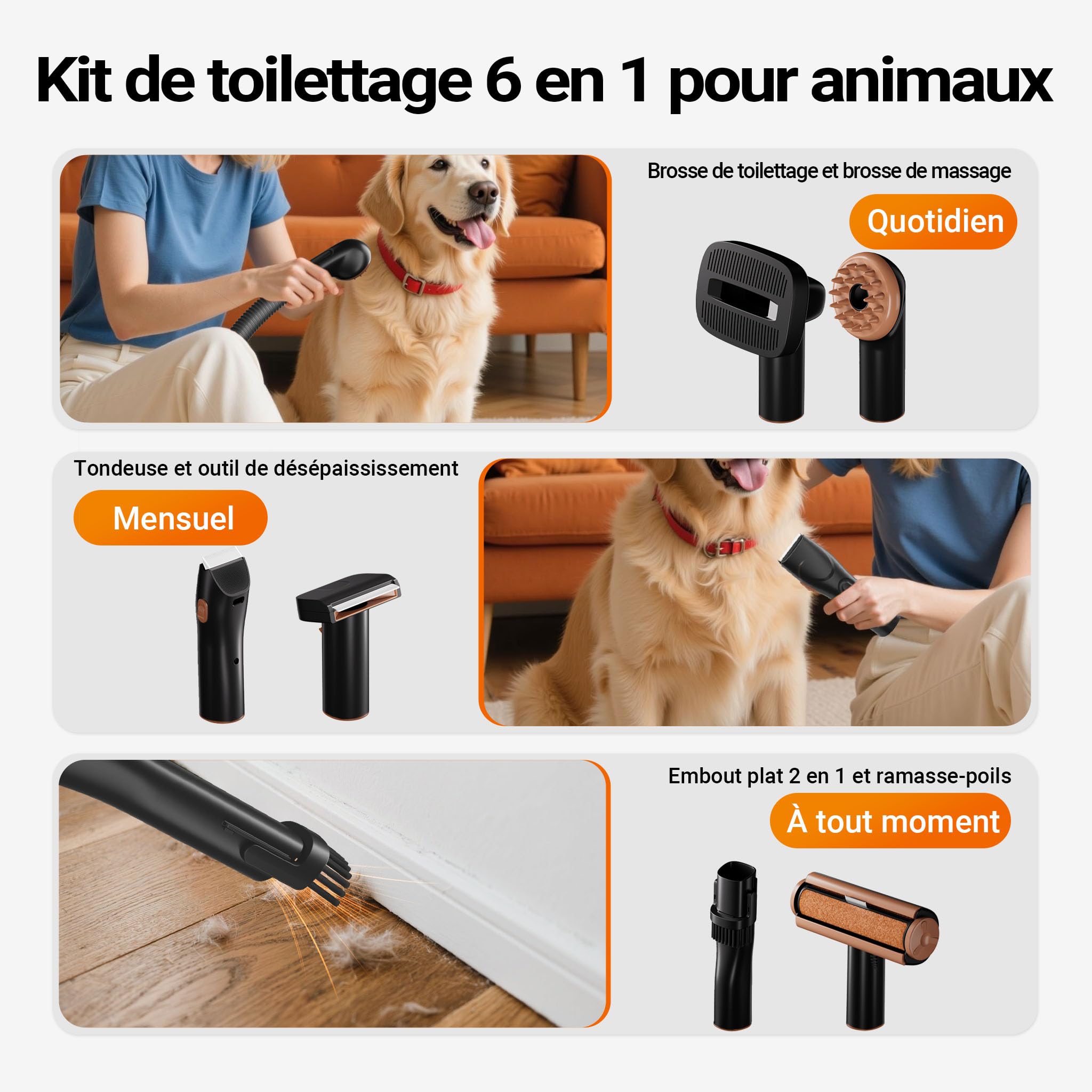 Fudajo Tondeuse pour chien avec aspirateur à poils d’animaux, 323 x 168 x 264 mm, 6 outils de toilettage pour animaux, boîte à poussière 2,5 L, tondeuse-aspirateur noire