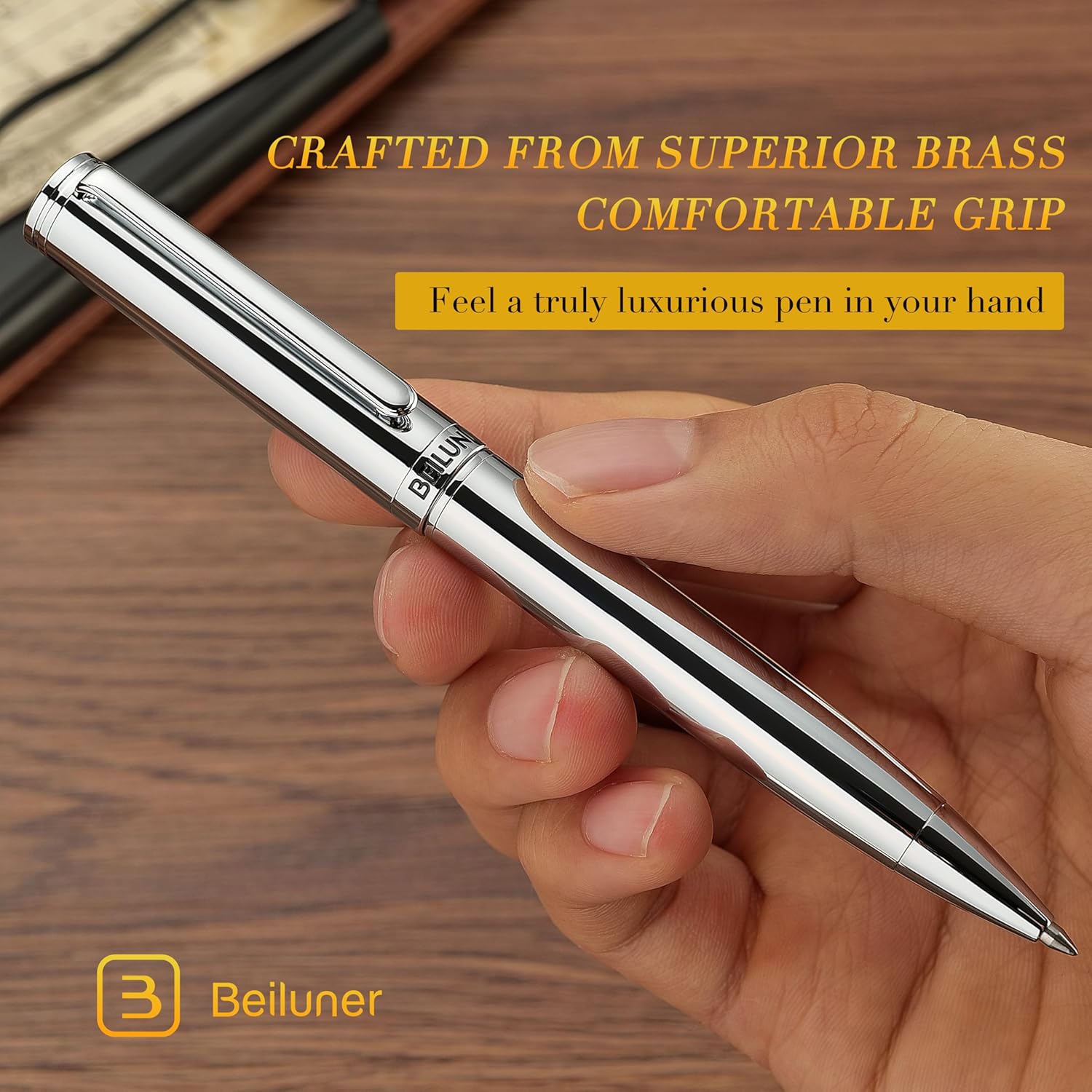 BEILUNER Silver Gel Pen - Luxury Featuring Bright Chrome Finishes, Black Ink Refill, Best Pen Gift Set for Men & Women, Business Signature, Executive, Office Retractable,Nice Fancy Designer Pens