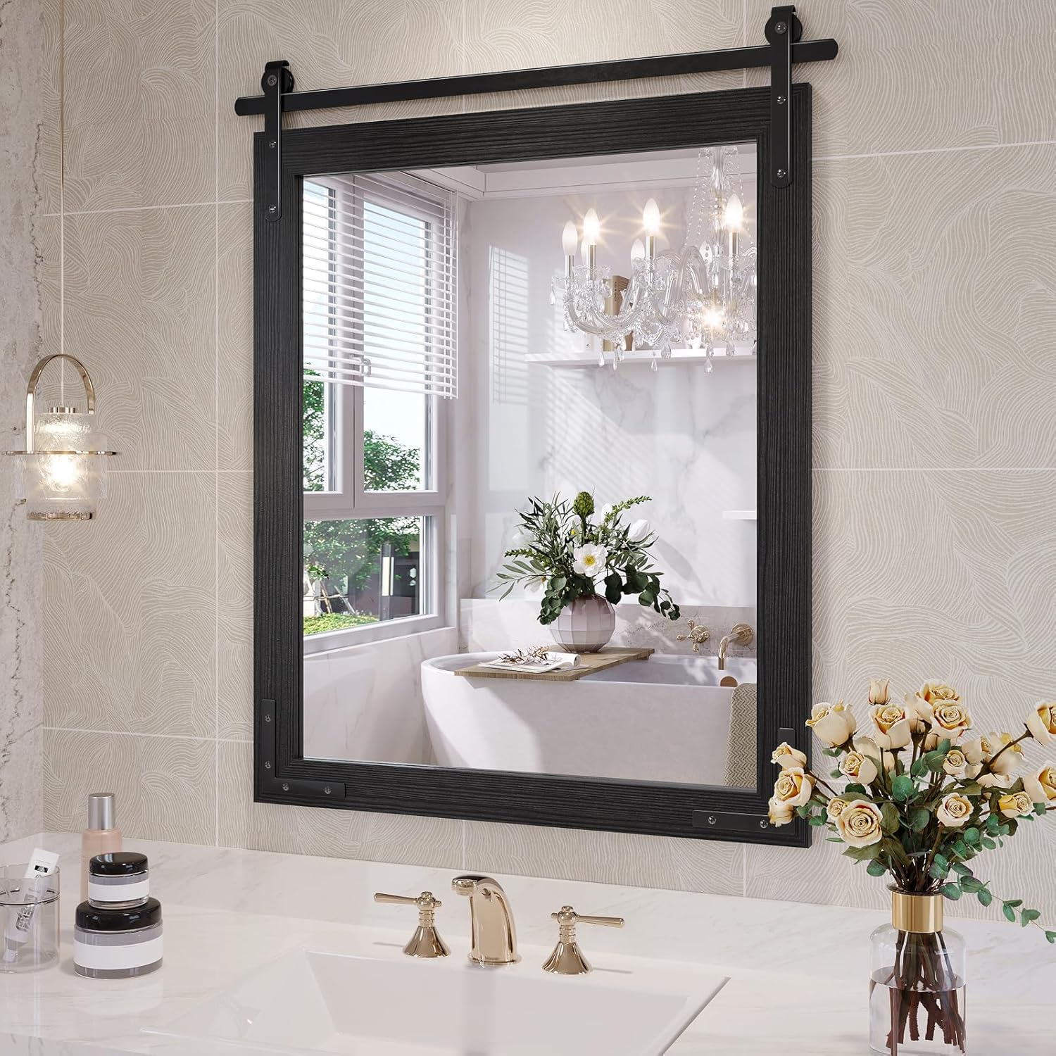 Farmhouse Bathroom Mirror, 24x30 Inch Black Vanity Mirror for Wall, Wood Framed Rustic Mirror Rectangular Wall Decor Mirrors for Entryway Living Room Bedroom Black 24"L x 30"W