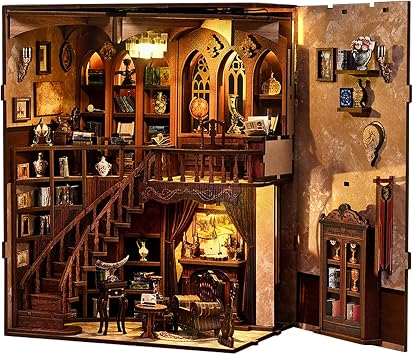 Book Nook Kit for Adults & Teens DIY Miniature Library House, 3D Wooden Puzzle Bookend Bookshelf Insert with LED Light, Ancient Study Library Craft Kit for Bookshelf Decor & Creative Gifts