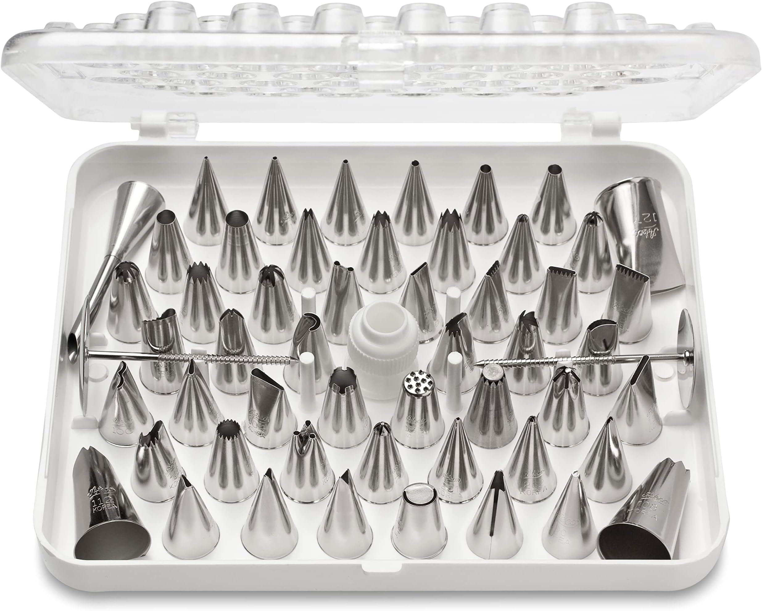 Ateco 783-55 Piece Cake Decorating Set, Includes 52 Stainless Steel Tubes, 1 Standard Coupler, 2 Flower Nails in Hinged Storage Box
