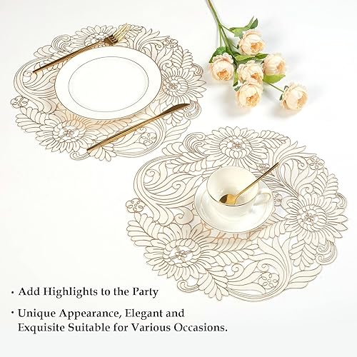 Miniatura 6 de Crisjanggo Juego de 6 manteles individuales redondos de vinilo dorado de 15 pulgadas, diseño hueco, manteles individuales antideslizantes y lavables