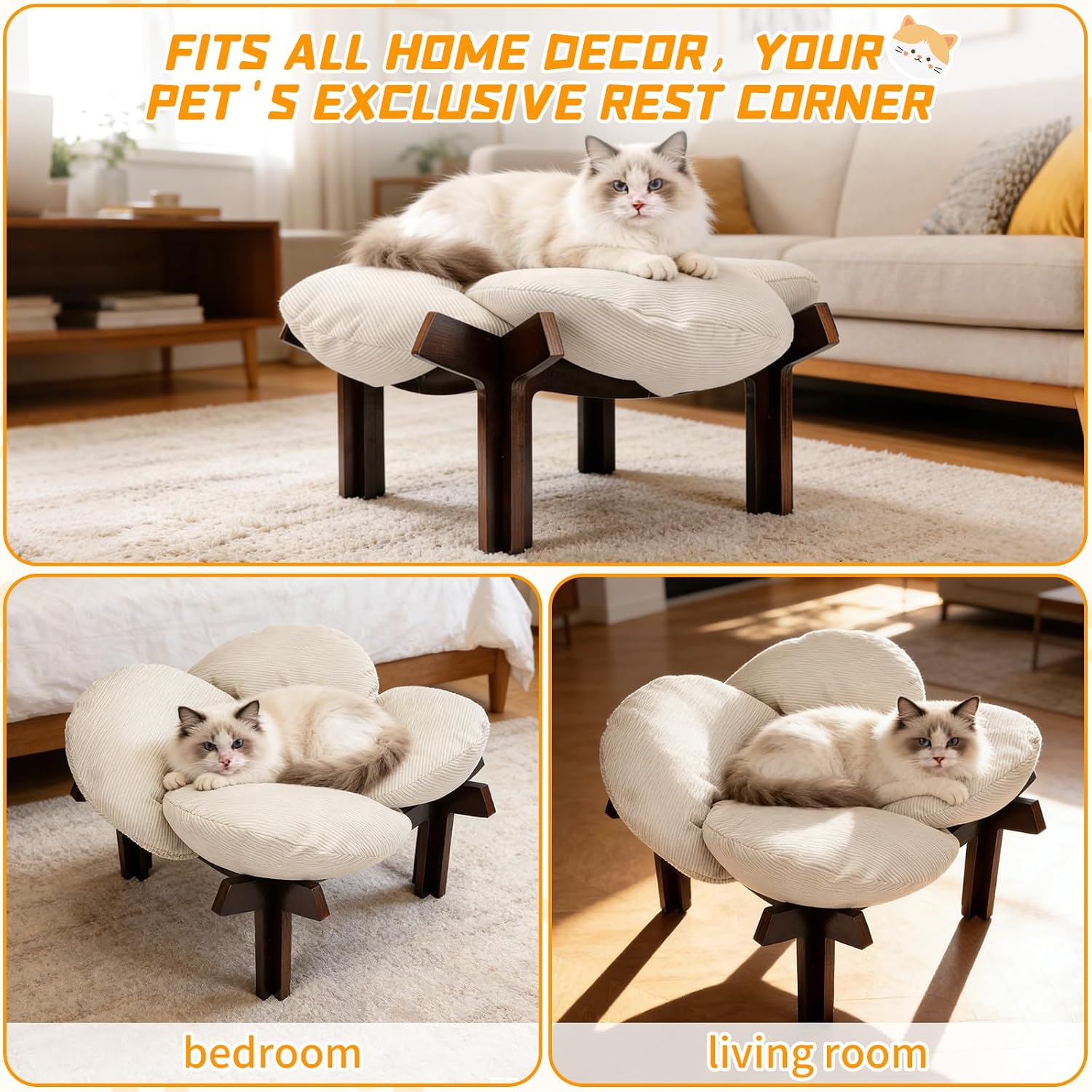 Elevated Wooden Cat Bed with Fluffy Cushion Raised Lounge Sofa | Fluffy Cushioned Raised Wooden Pet Couch For Indoor Cats & Small Puppies, Breathable Elevated Cat Furniture For Daily Rest