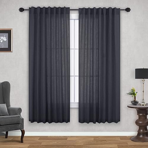 Miniatura 65 de Mrs.Naturall Cortinas transparentes verde esmeralda oscuro, cortinas de lino verde bosque para sala de estar, 63 pulgadas de largo, cortinas verdes