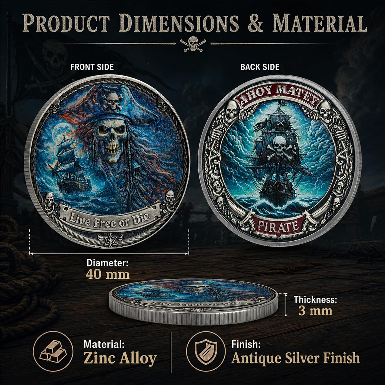 Imasoner Pirate Coin, Skull Captain Ghost Ship Challenge Token | Live Free or Die, AHOY MATEY Nautical Medallion, Vintage Pirate Gift for Men, Sailors & Gamers