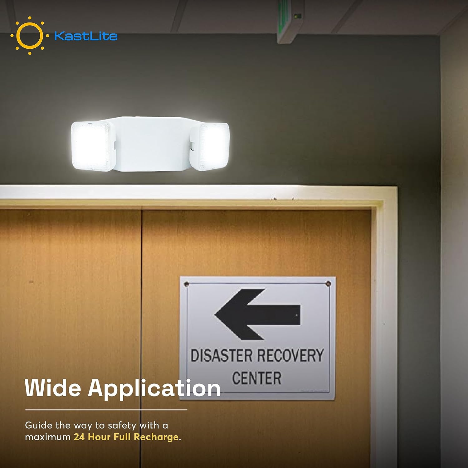 KASTLITE LED Emergency Lights - Commercial Emergency Lights for Power Outages - Adjustable 2-Head Flood Lamps - Fire Resistant - Backup Battery (90 min) - Wall Mount, Damp Rated, Contractor Standard