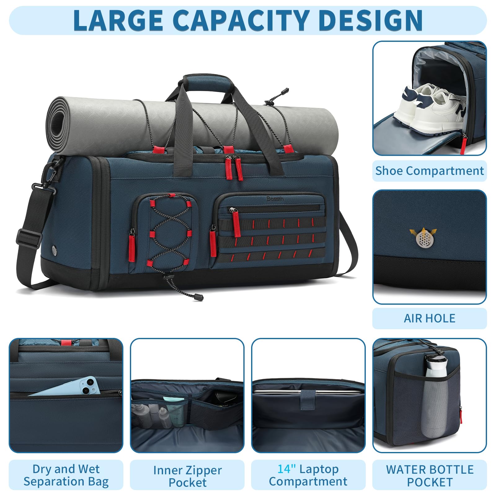 Bosstin - Bolsa de Deporte para Hombre y Mujer (45 L, Bolsa de Viaje, Bolsa de Deporte, Bolsa de Fin de Semana, Mochila de Noche con Compartimento para Zapatos