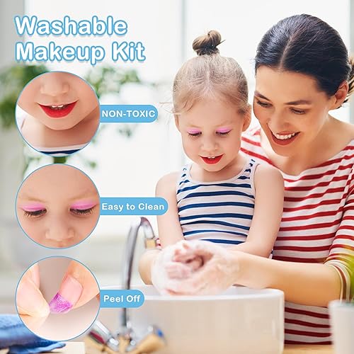 Miniatura 5 de AstarX  Kit de maquillaje para niñas 57 en 1, con espejo de maquillaje con luz LED de 3 colores, lavable, kit de maquillaje para niñas de 3 a 12