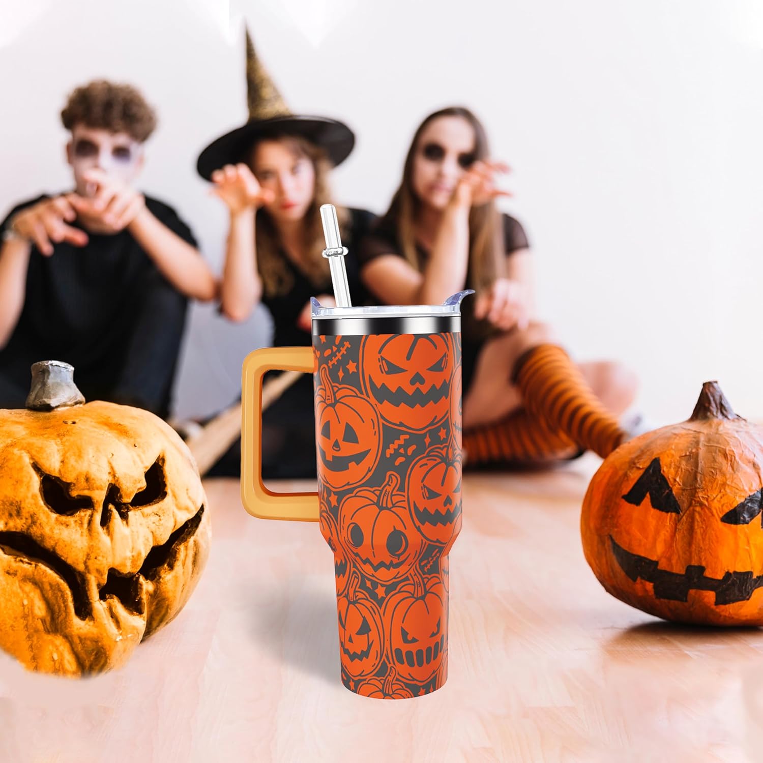 40 oz Halloween Tumbler with Handle Straw Lid Pumpkin Tumbler Gifts for Women Pumpkin Cup Travel Coffee Mug - Image 3