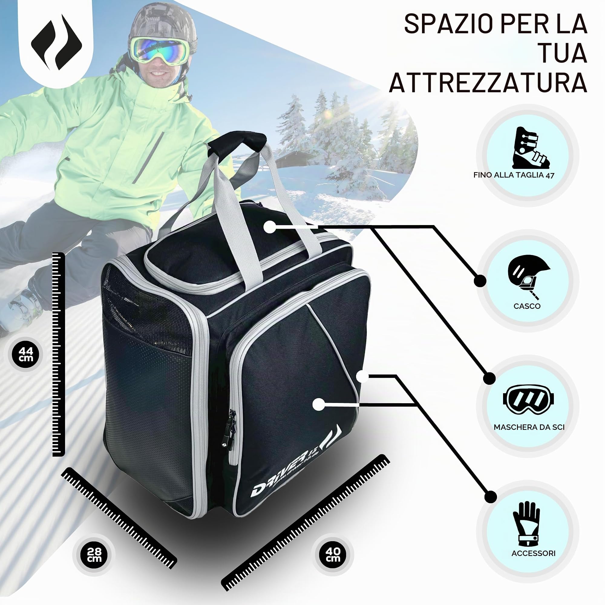 Driver13 zaino porta scarponi da sci con scomparto casco, bootbag per scarponi da sci e boots snowboard, dimensioni 40 x 28 x 44 cm, nero/grigio