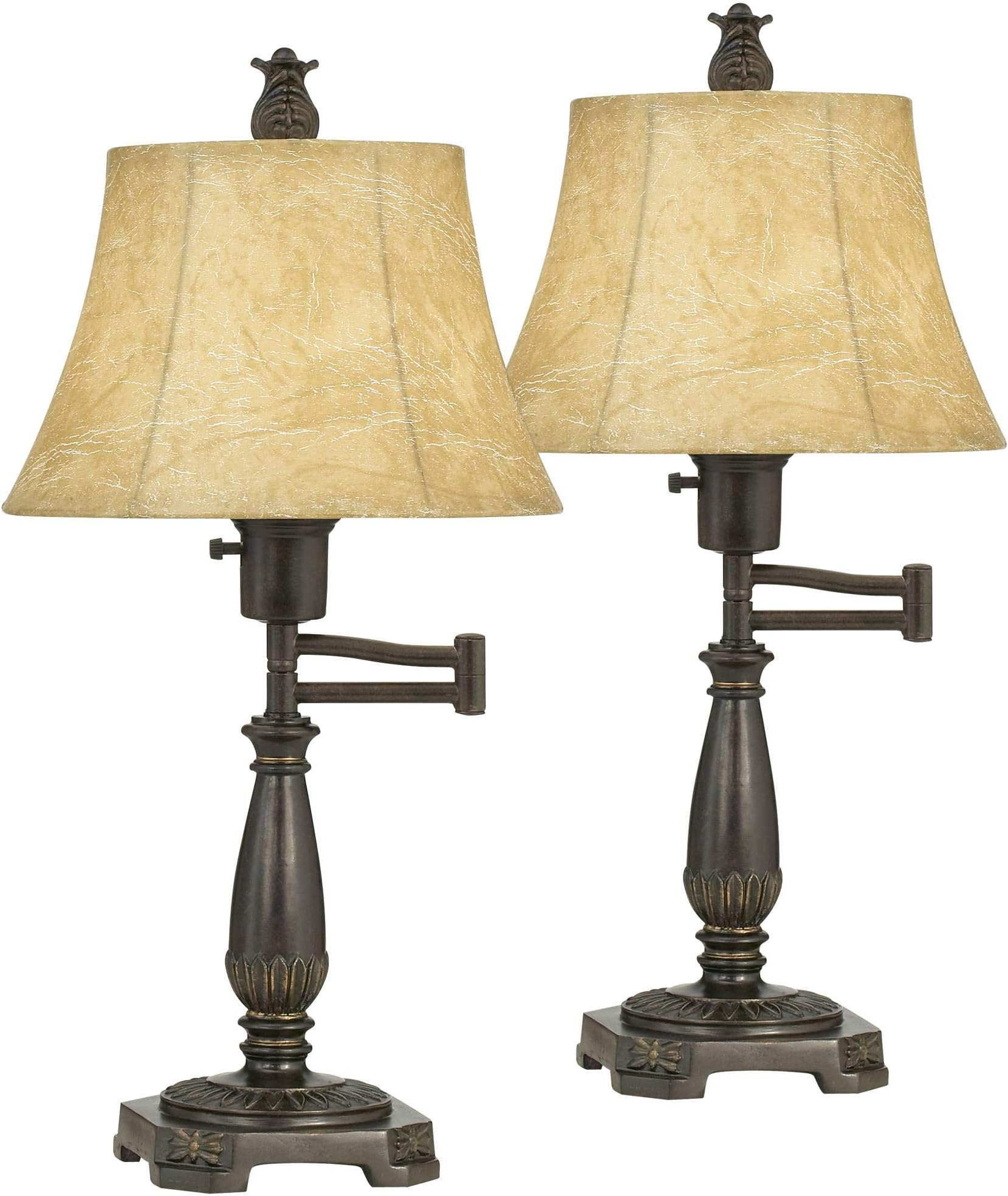 Regency Hill Traditional Rustic Natural Cottage Swing Arm Desk Table Lamps 22.5" High Set of 2 Bronze Brown Faux Leather Bell Shade Decor Living Room Bedroom House Bedside Nightstand Home