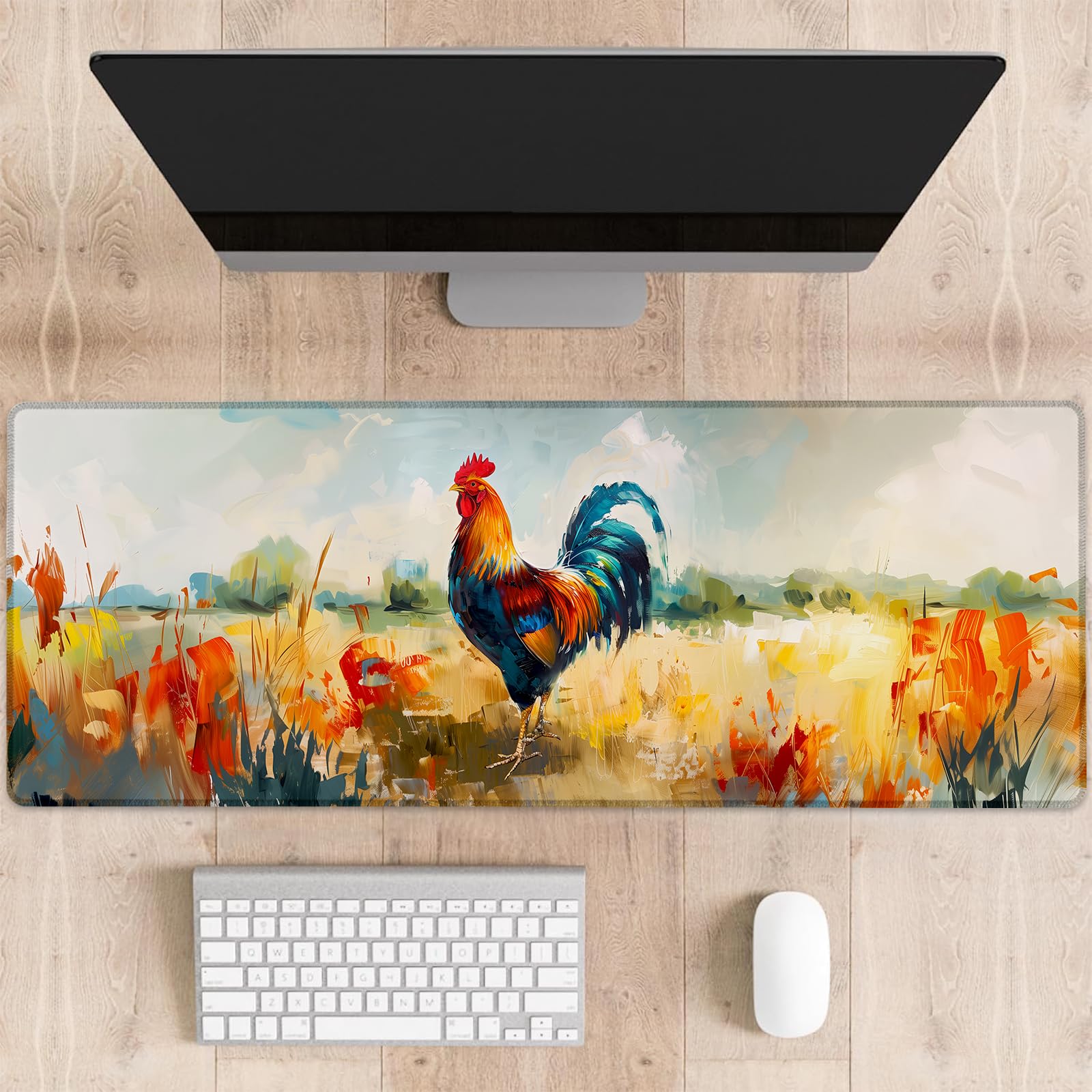 dhakalrlde Colorful Rooster Gaming Mouse Pad, Vibrant Farmhouse Chicken Large Desk Mat for Computer, Extended Keyboard Laptop Mouse Pads 31.5×11.8in,
